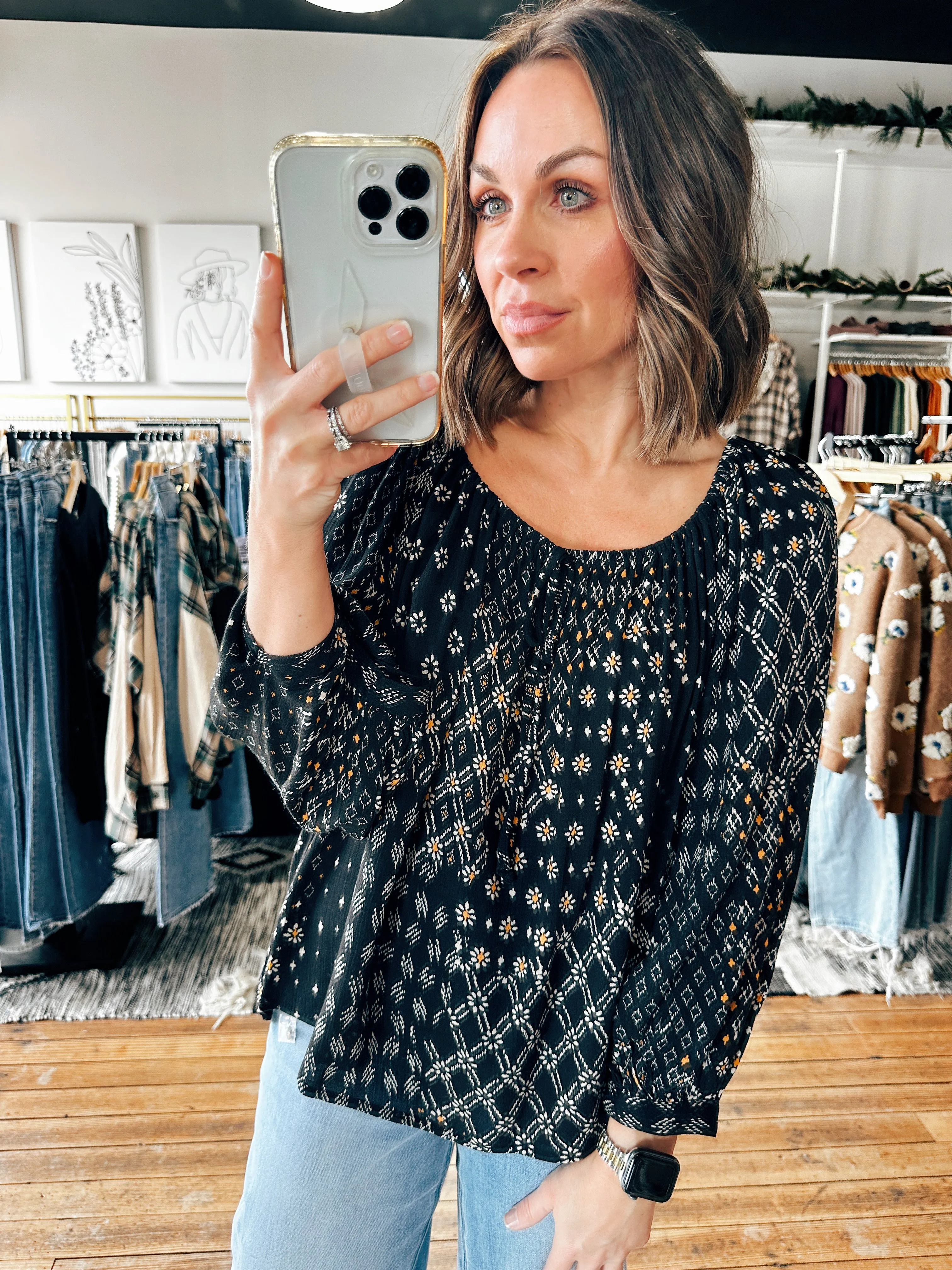 3/4 Sleeve Peasant Top w/ Spaghetti Tie