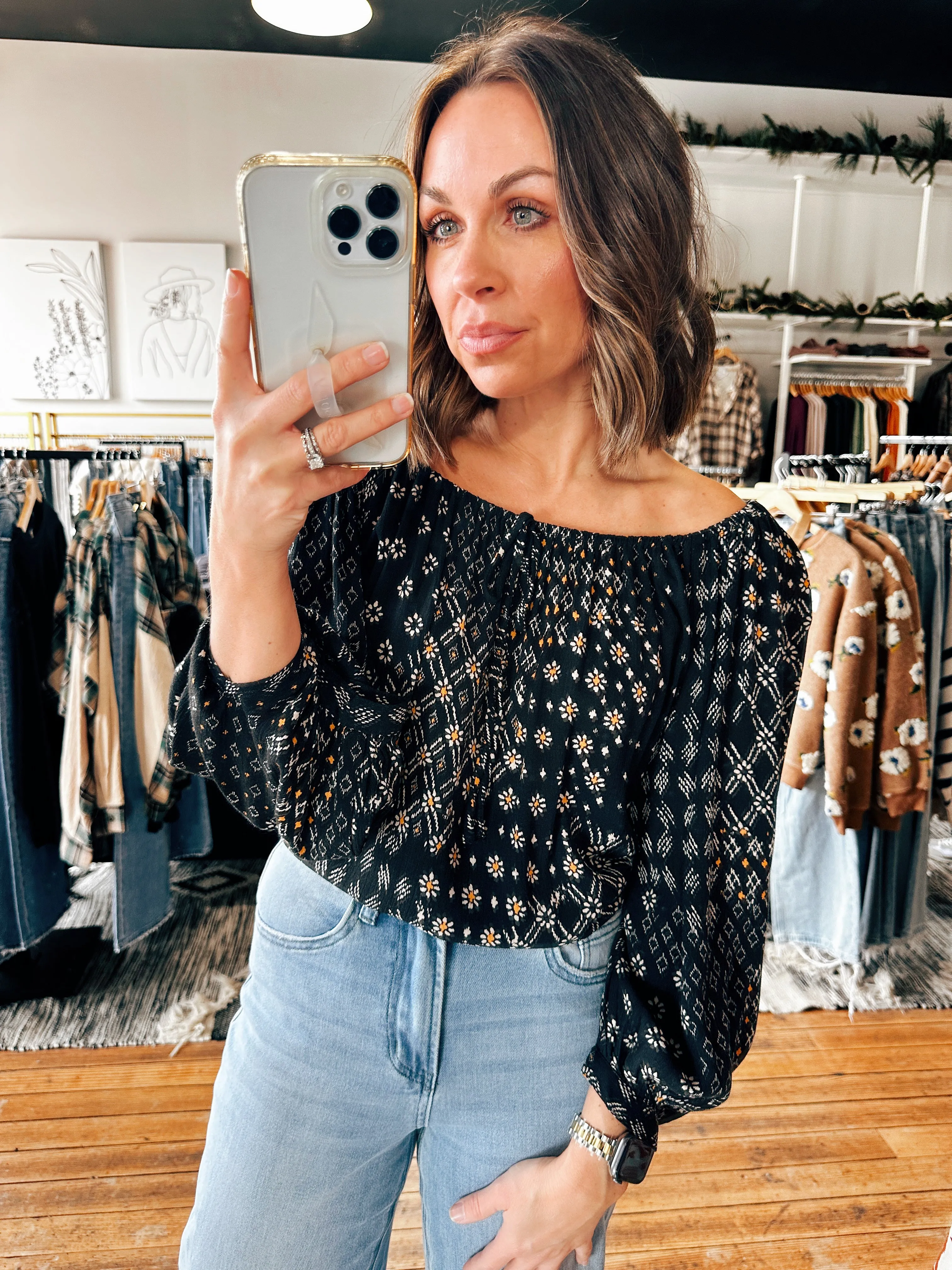 3/4 Sleeve Peasant Top w/ Spaghetti Tie