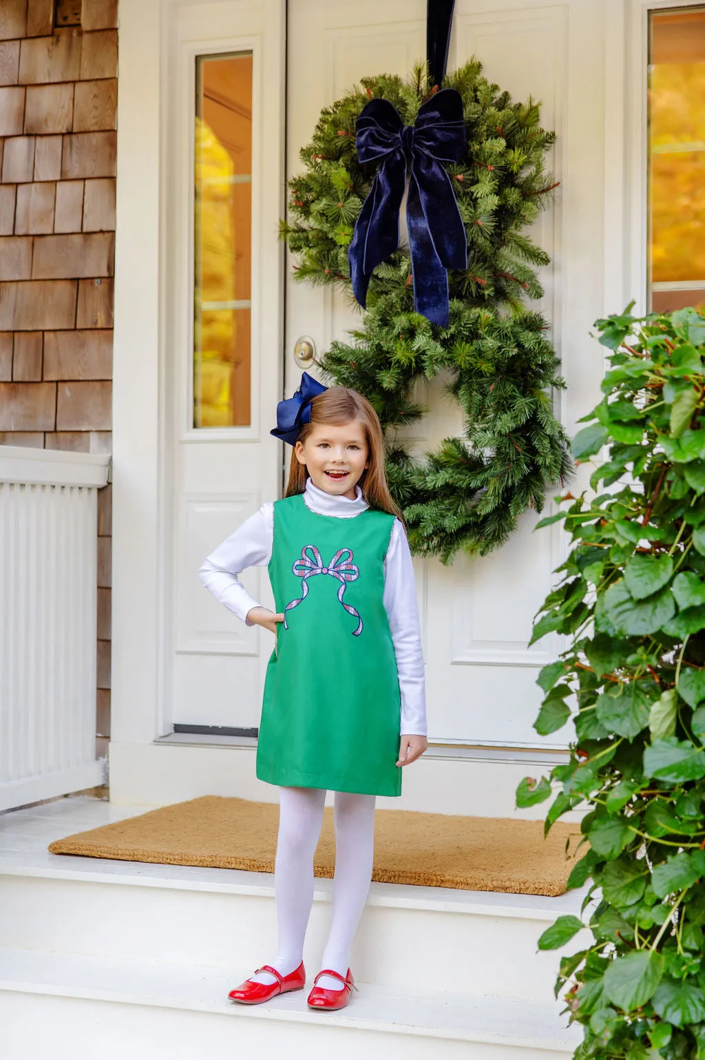 Annie Apron Dress - Kiawah Kelly Green with Merritt Park Plaid Bow