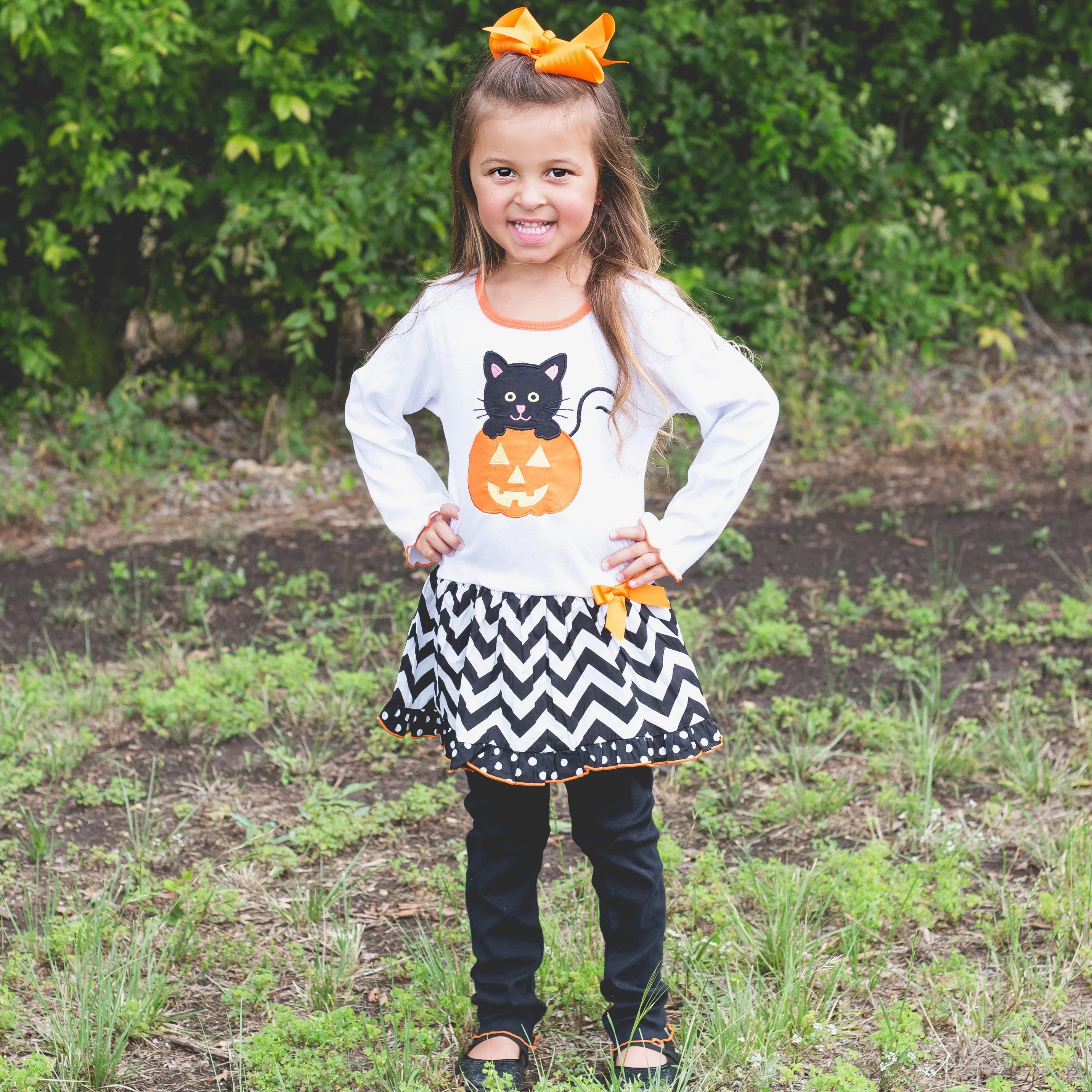 AnnLoren Girls' Halloween Orange Pumpkin and Black Cat Dress & Leggings Outfit