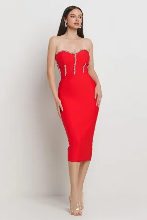 BANDAGE TUBETOP DRESS WITH RHINESTONE DETAILS