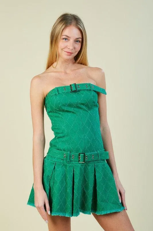 BUCKLE DETAIL RAW HEM TUBE DENIM MINI DRESS