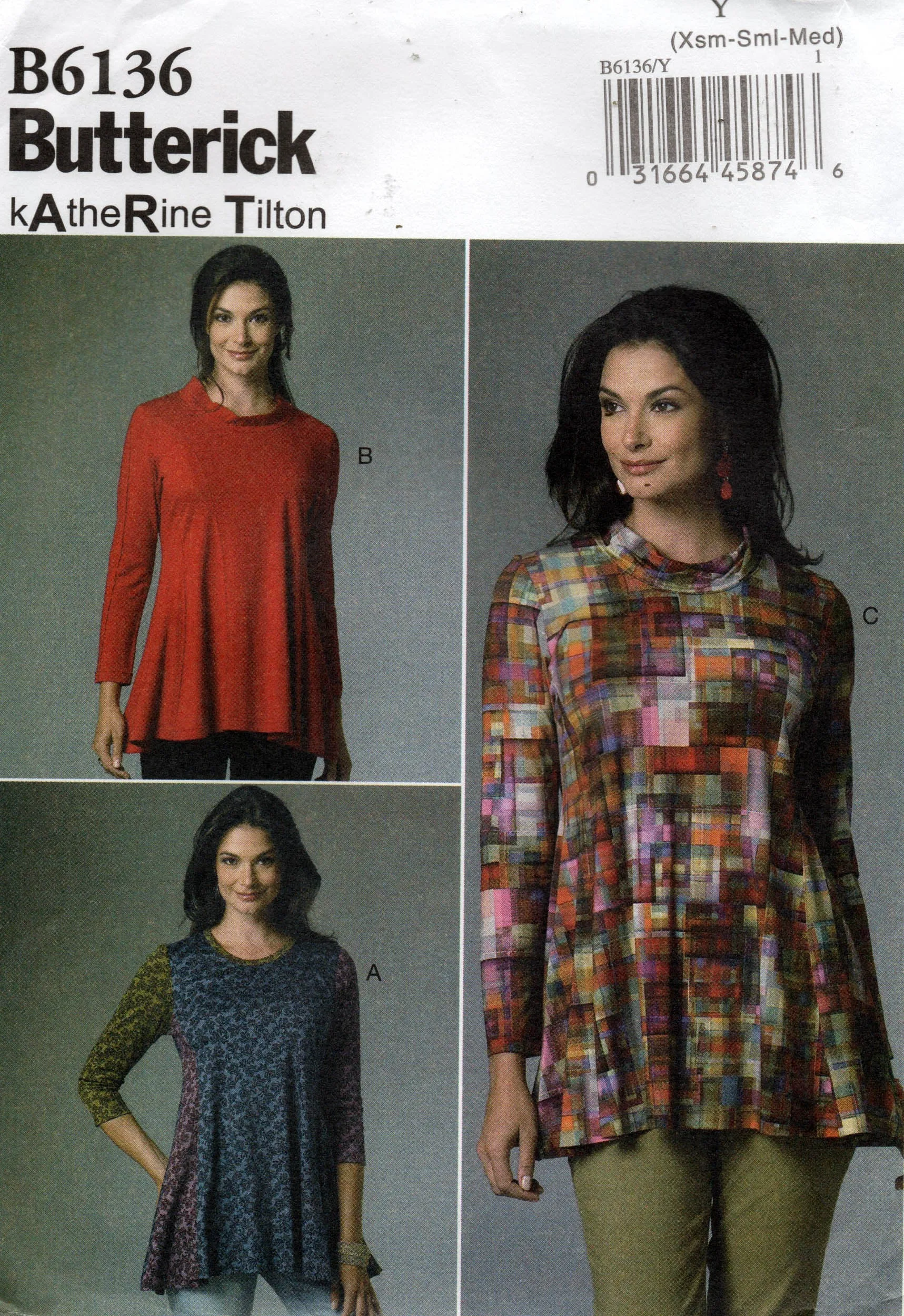 Butterick 6136 KATHERINE TILTON Womens Pullover Stretch Tent Tunic Tops Out Of Print Sewing Pattern Size XS - M UNCUT Factory Folded