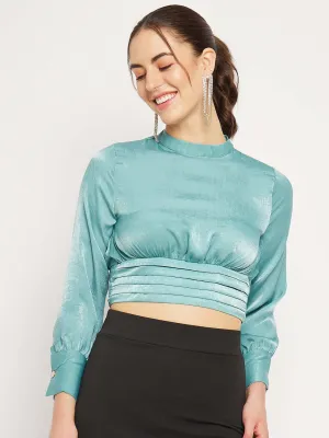 Camla Barcelona Peasent Sleeve Aqua Blue Cinched Waist Crop Top