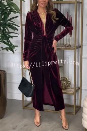 Creating Romance Velvet Ruched Drape Long Sleeve Stretch Maxi Dress