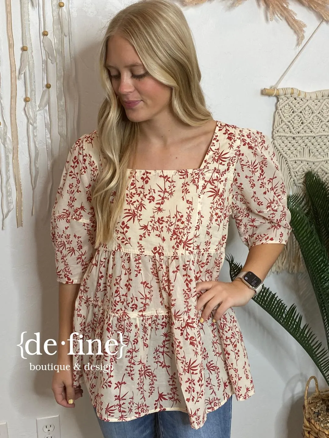 Crimson and Ivory Floral Peasant Top