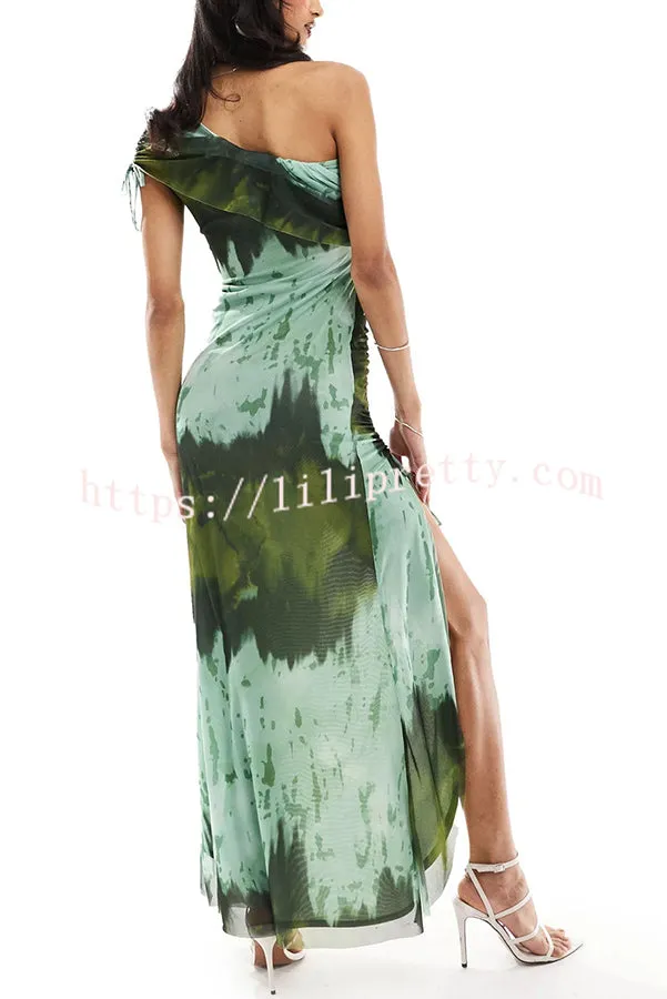 Dandi Mesh Tie Dye Print One Shoulder Drawstring Stretch Maxi Dress