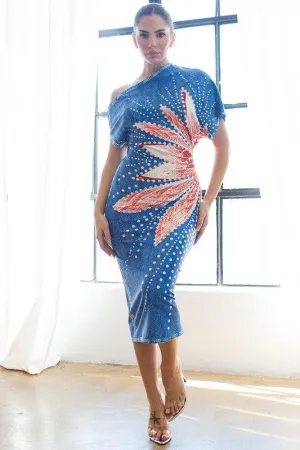 Denim print dolman sleeve midi dress