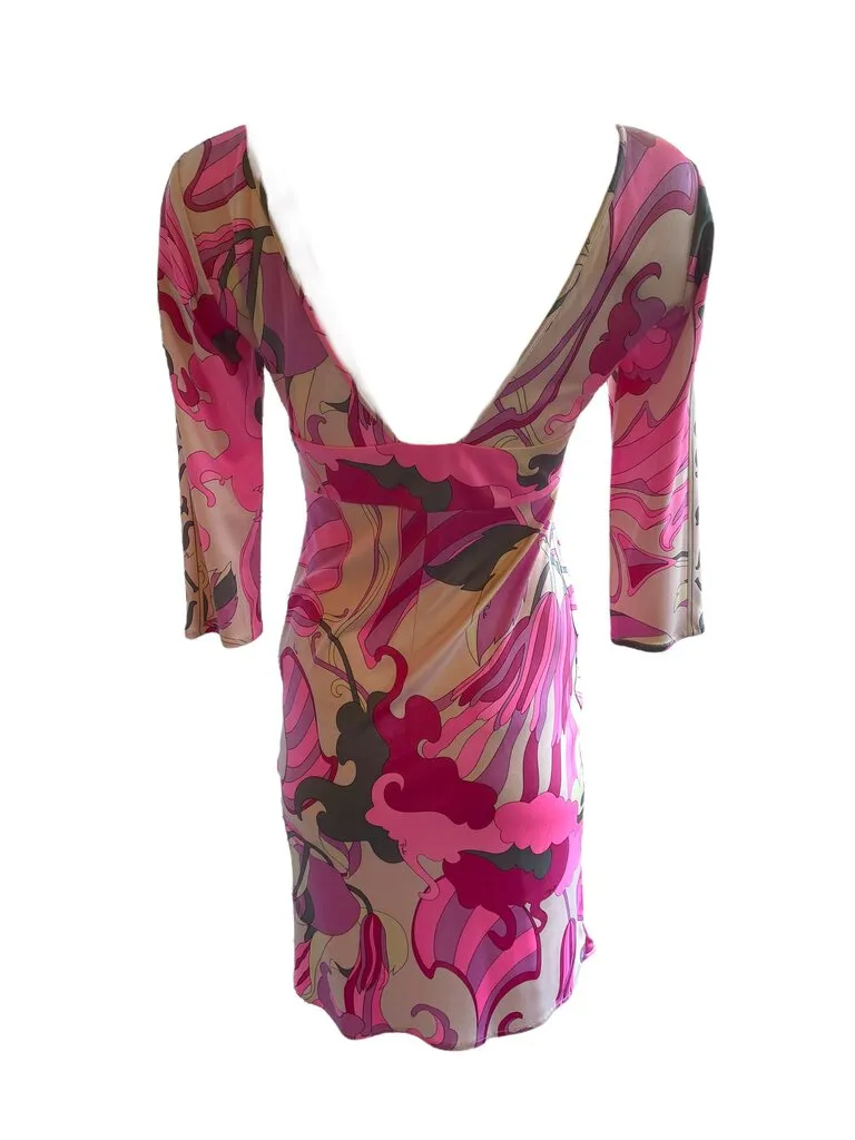 Emilio Pucci Silk V Neck Pink print dress 8 fits 4