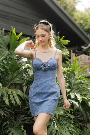 Floral Applique Corsage Mini Denim Dress