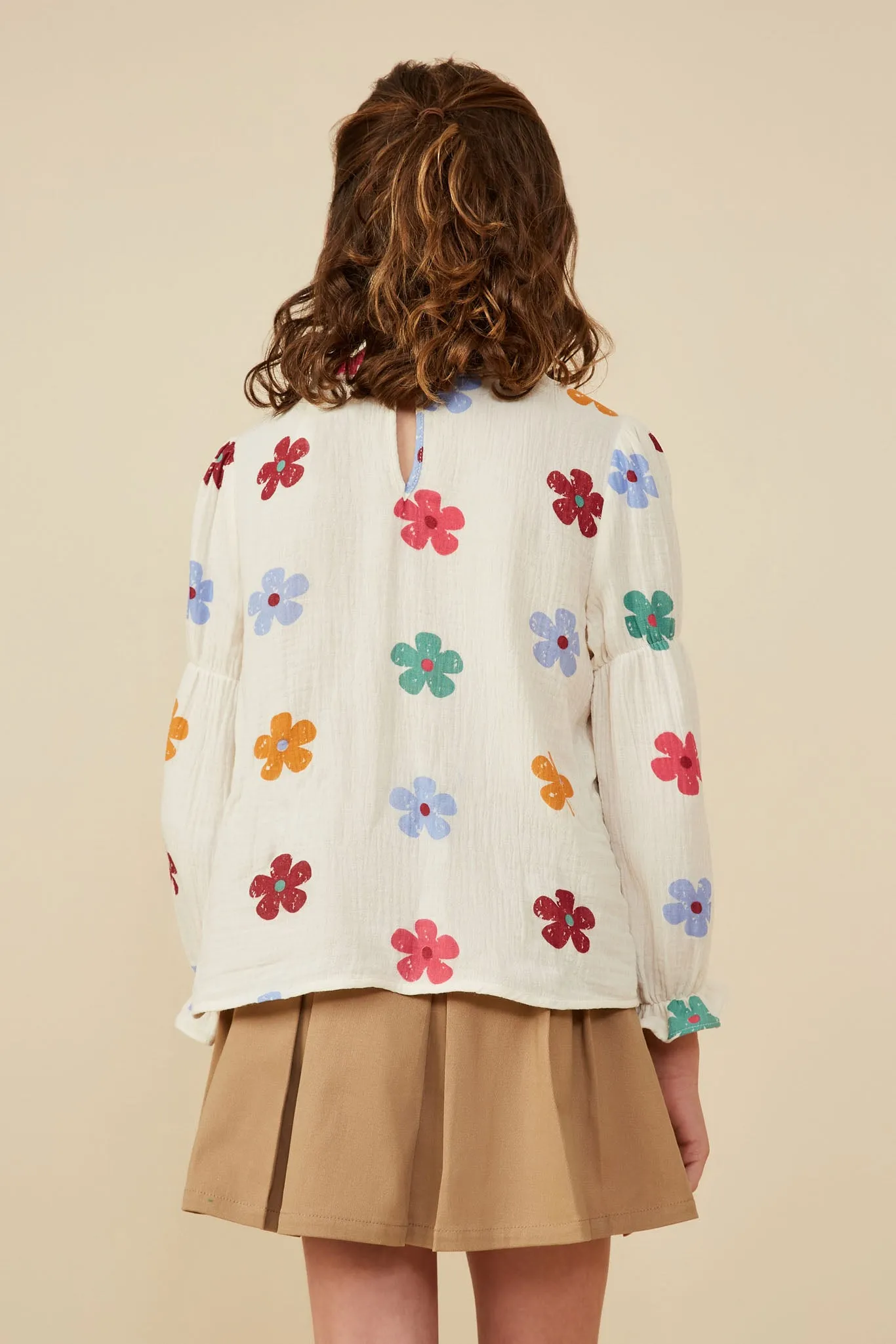 Floral Print Gauze Texture Peasant Sleeve Top