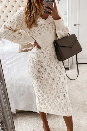 HOLLOW V NECK PUFF SLEEVE SWEATER DRESS