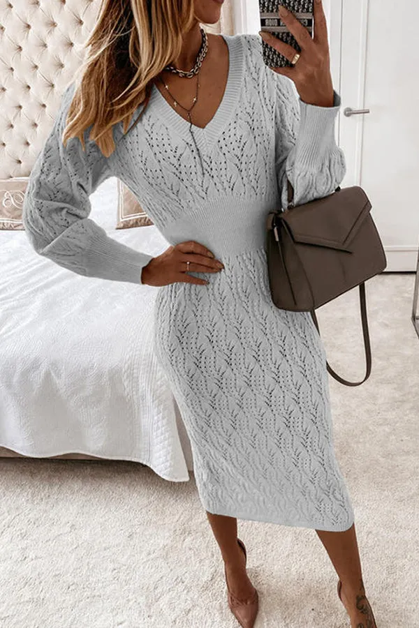 HOLLOW V NECK PUFF SLEEVE SWEATER DRESS