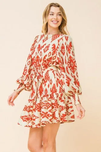 Ivory   Brick Mix Printed Dress with Peasant Sleeve