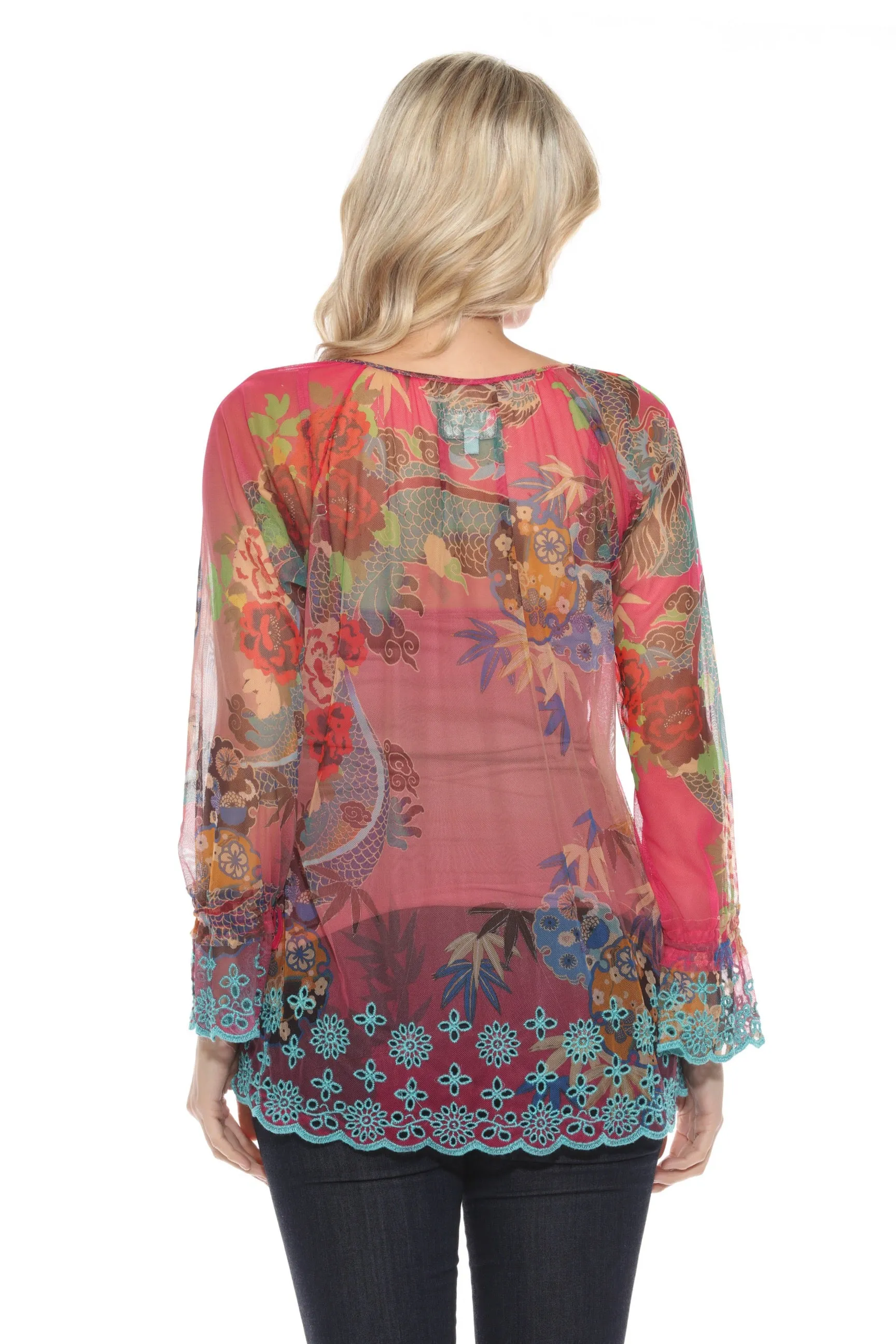 Johnny Was Biya Pink Mazzy Floral Mesh Peasant Slip Blouse B14824