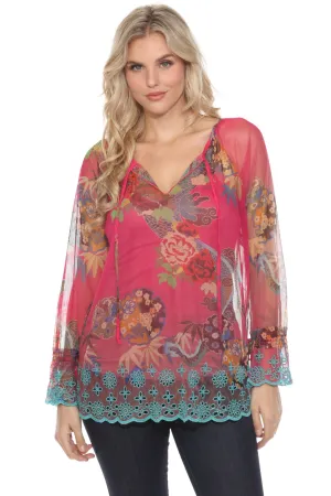 Johnny Was Biya Pink Mazzy Floral Mesh Peasant Slip Blouse B14824