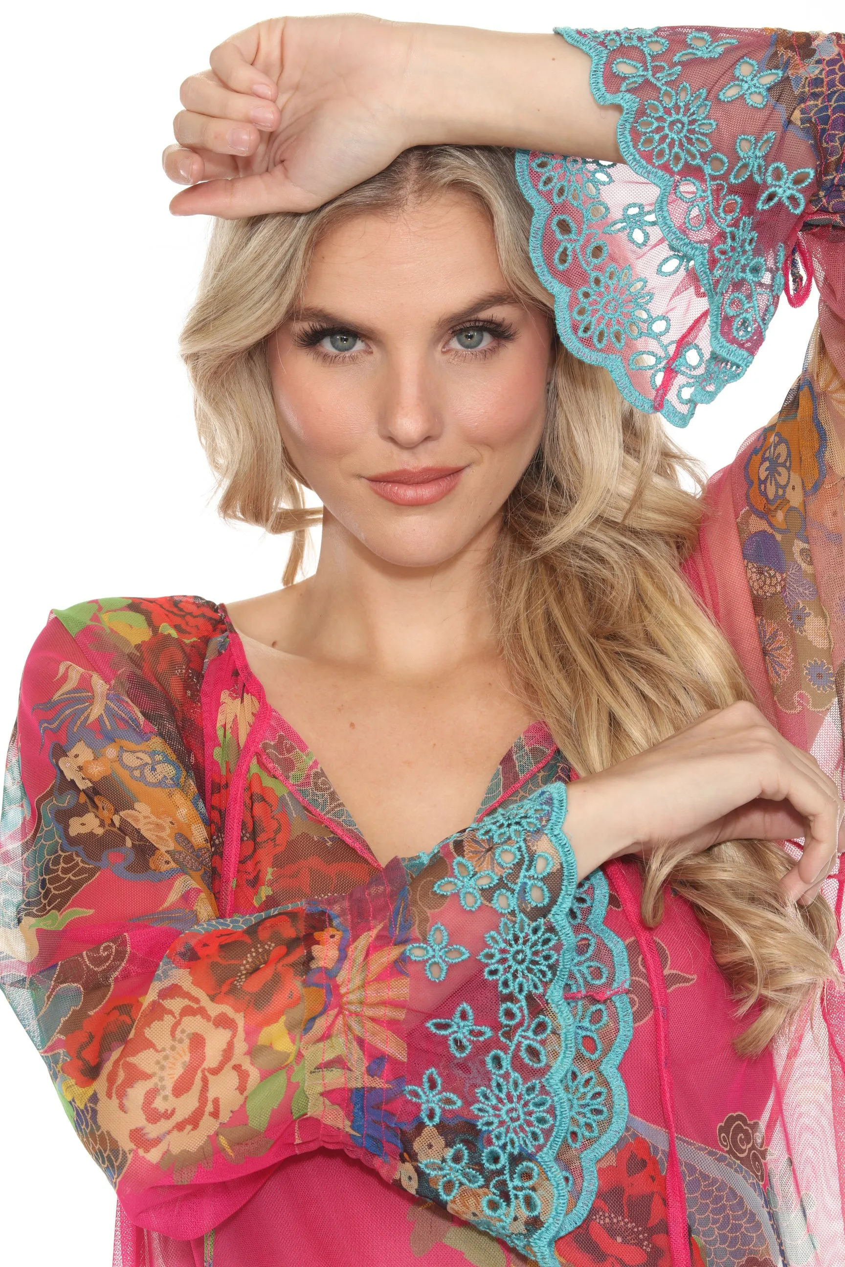 Johnny Was Biya Pink Mazzy Floral Mesh Peasant Slip Blouse B14824