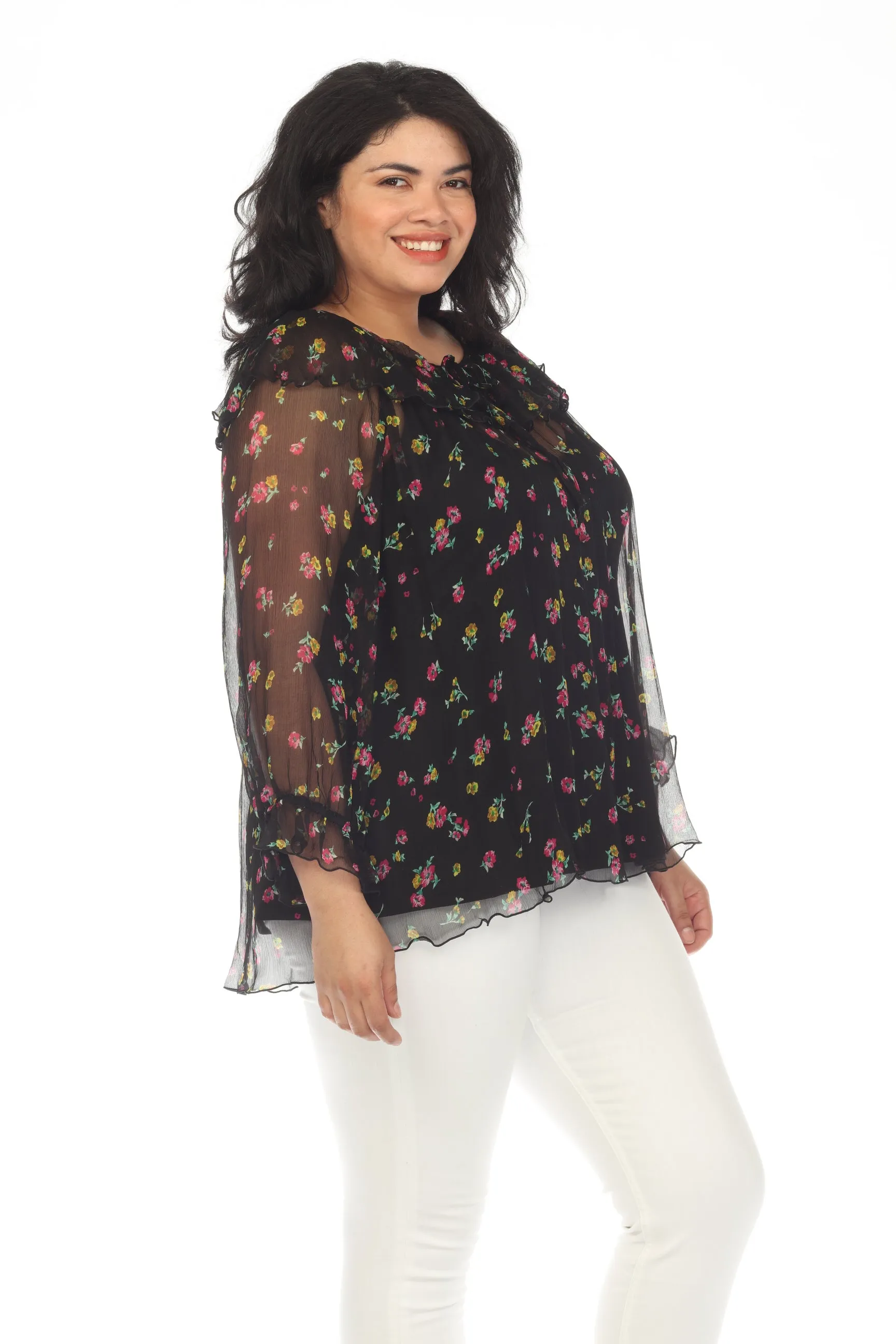 Johnny Was Jade Love Fernanda Peasant Silk Floral Blouse Plus Size L18523