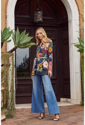 Johnny Was Janie Dragona Polo Swing Tunic Navy Blue Floral Top Shirt Medium NEW