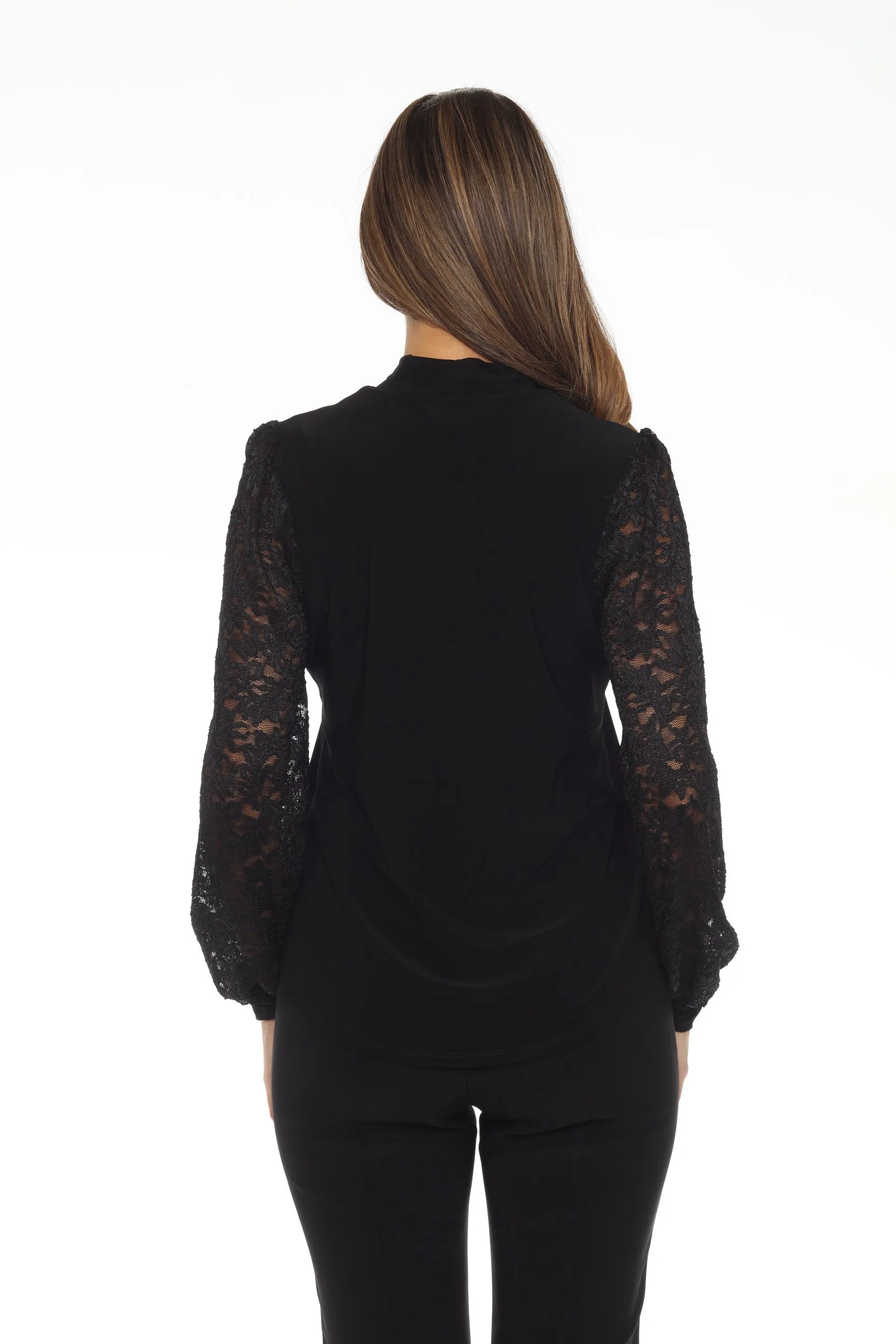 Joseph Ribkoff Black Keyhole Neck Lace Sleeve Top 244086
