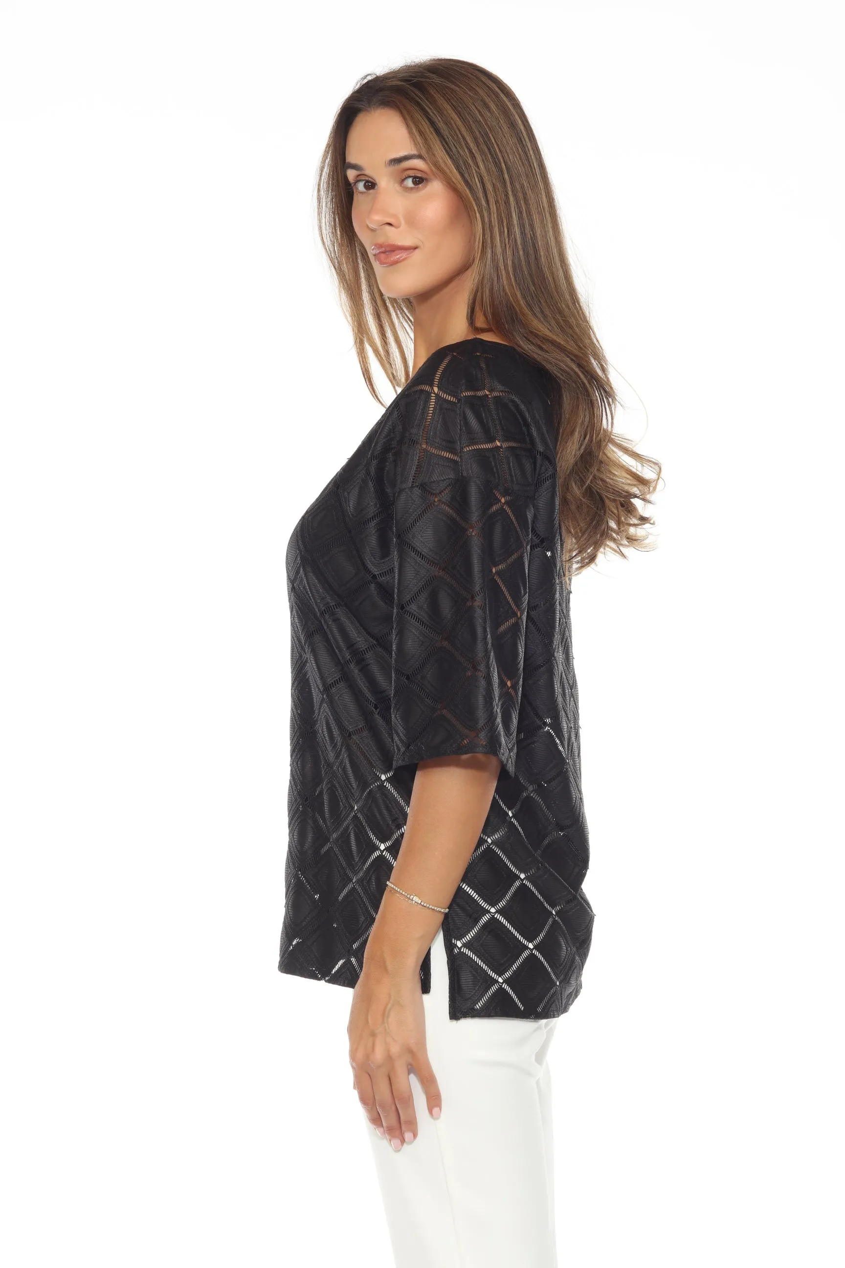 Joseph Ribkoff Black Ladder Lace Trim 3/4 Sleeve Tunic Top 243106