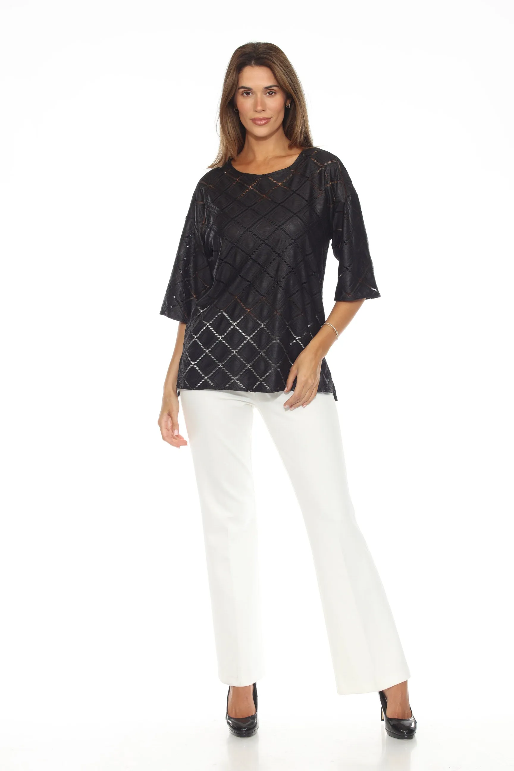 Joseph Ribkoff Black Ladder Lace Trim 3/4 Sleeve Tunic Top 243106