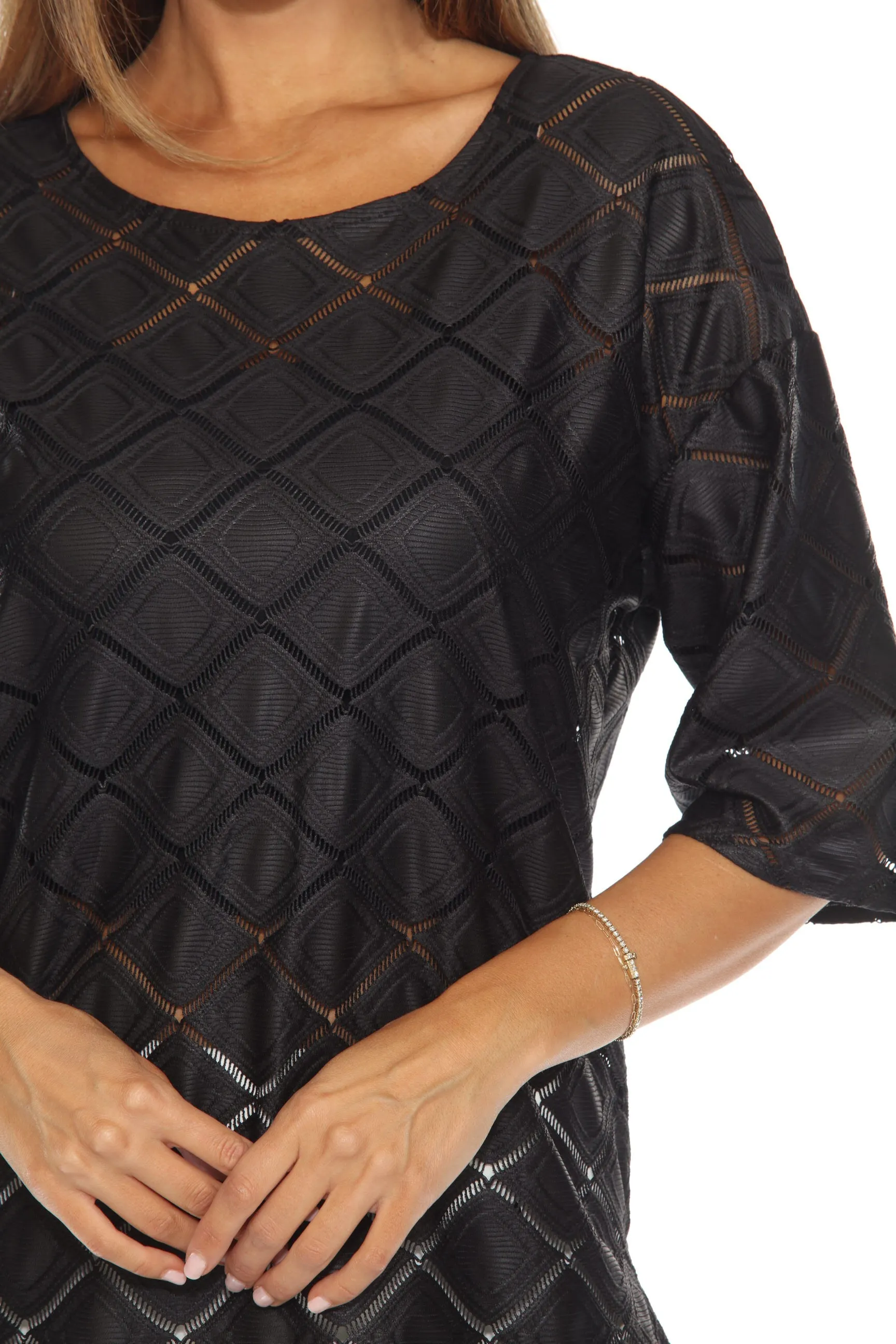 Joseph Ribkoff Black Ladder Lace Trim 3/4 Sleeve Tunic Top 243106