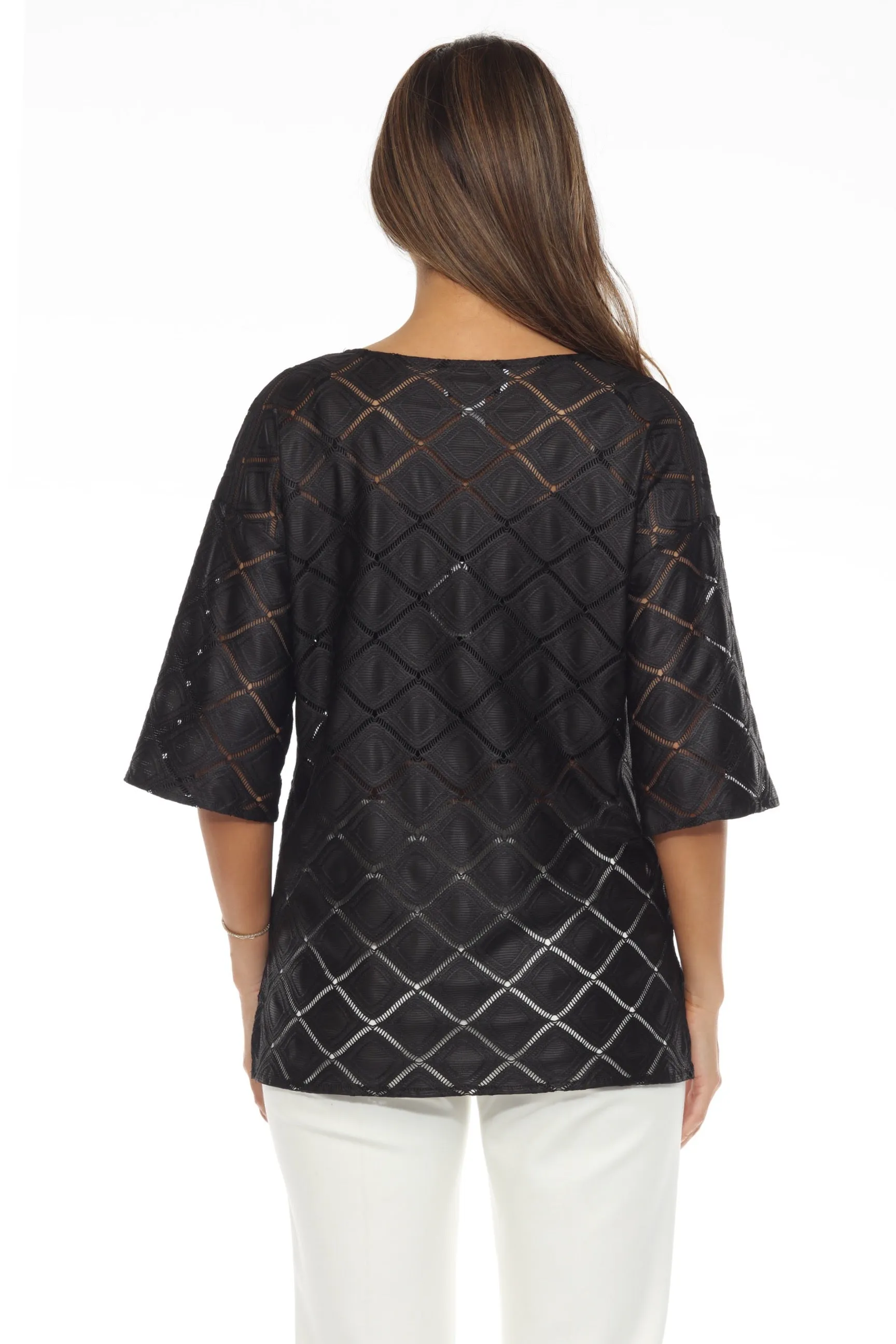 Joseph Ribkoff Black Ladder Lace Trim 3/4 Sleeve Tunic Top 243106