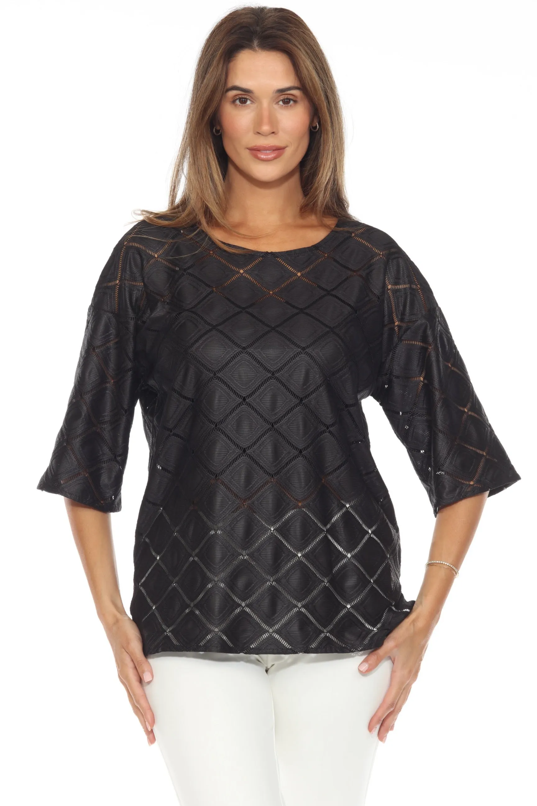 Joseph Ribkoff Black Ladder Lace Trim 3/4 Sleeve Tunic Top 243106