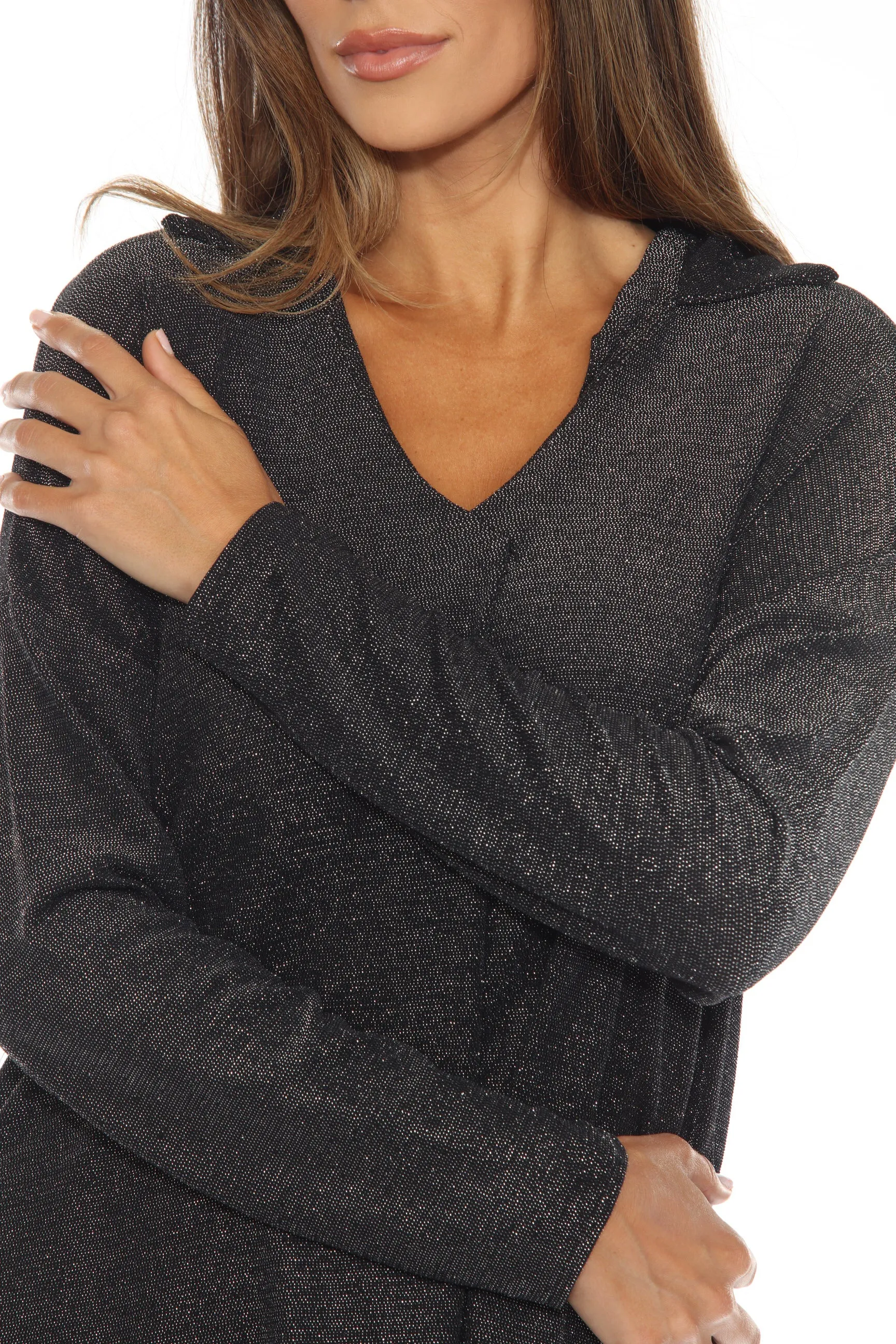 Joseph Ribkoff Black/Silver Shimmery V-Neck Tunic Top 244218