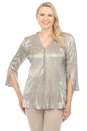 Joseph Ribkoff Champagne/Gold Metallic Textured Zip Front 3/4 Sleeve Tunic Top 241237