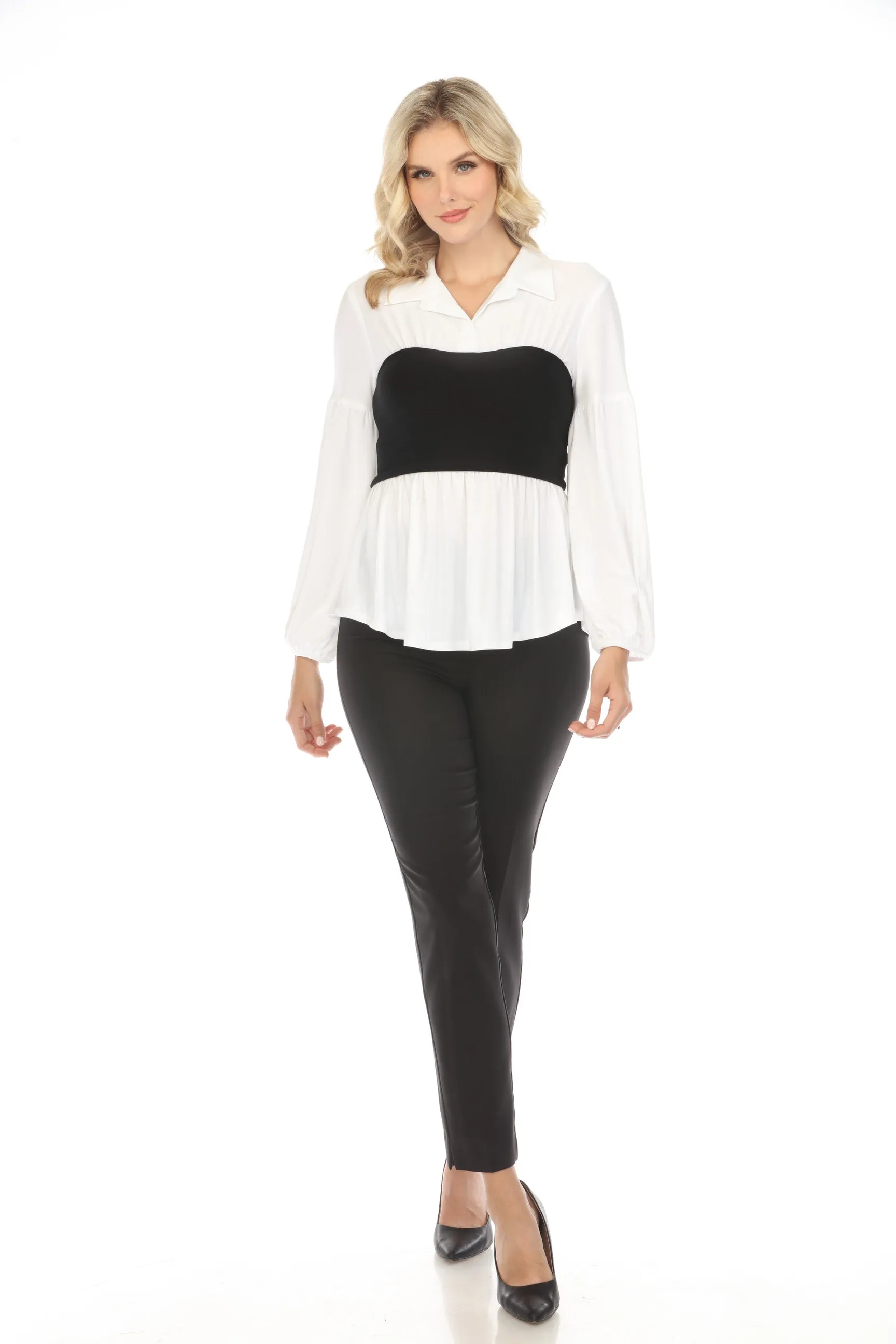 Joseph Ribkoff Vanilla/Black Two-Tone Billow Sleeve Tunic Top 241196