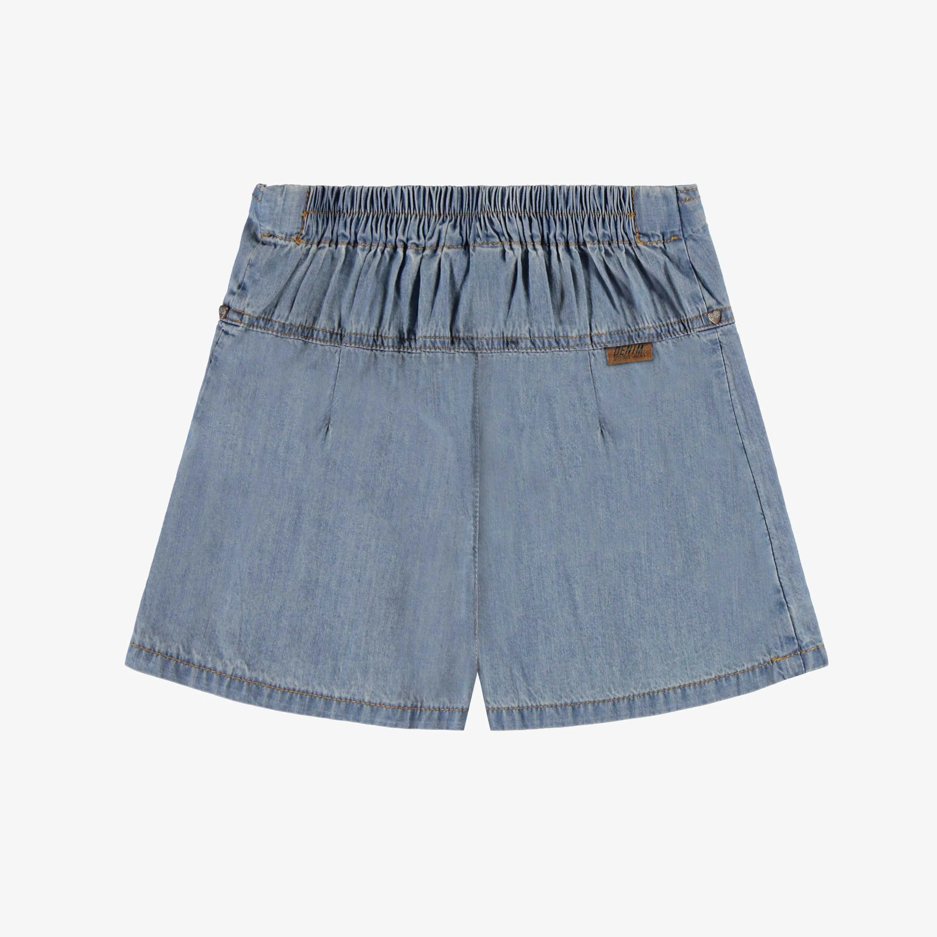 Jupe short à plis bleu pâle en denim léger, enfant || Light blue pleated skort in lightweight denim, child