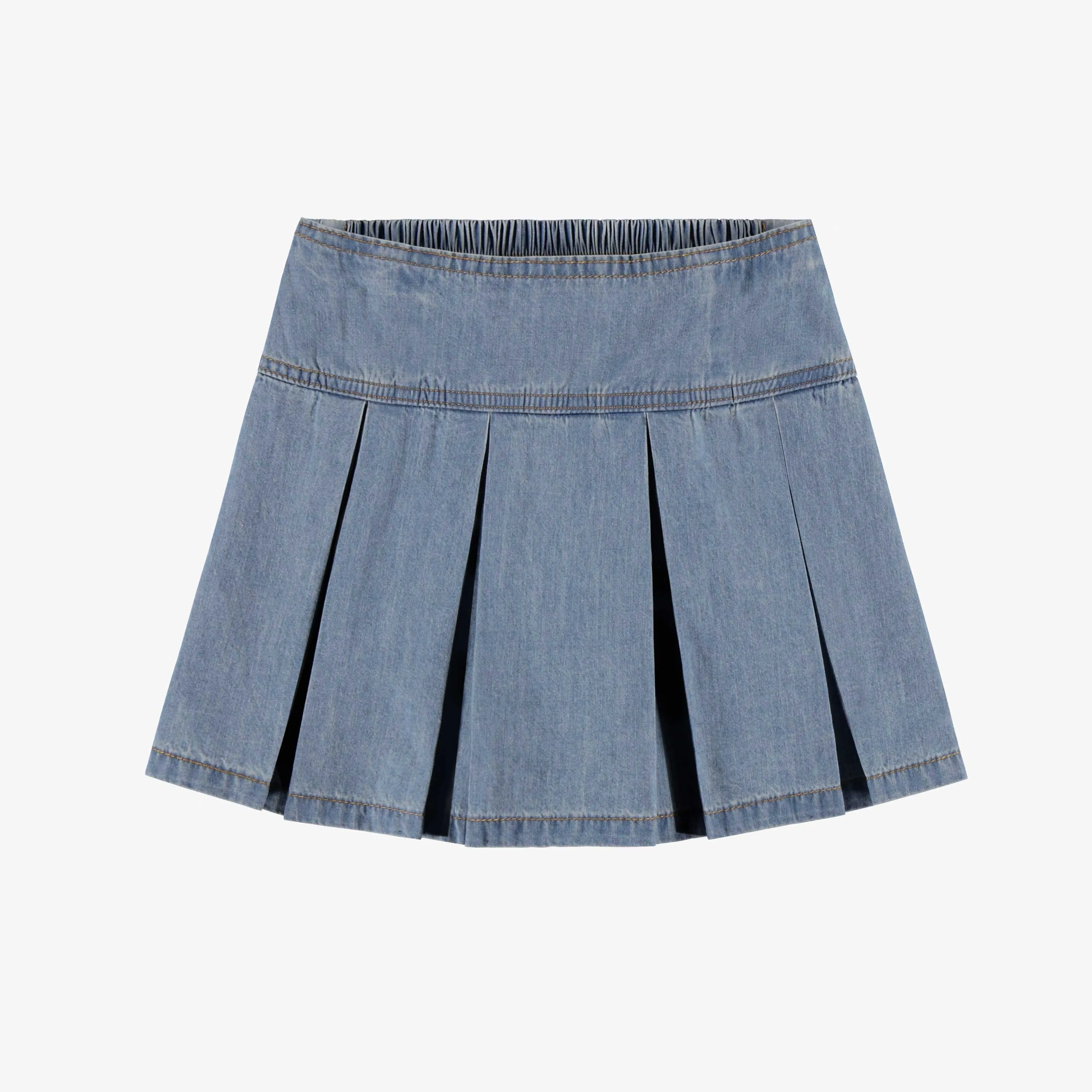 Jupe short à plis bleu pâle en denim léger, enfant || Light blue pleated skort in lightweight denim, child
