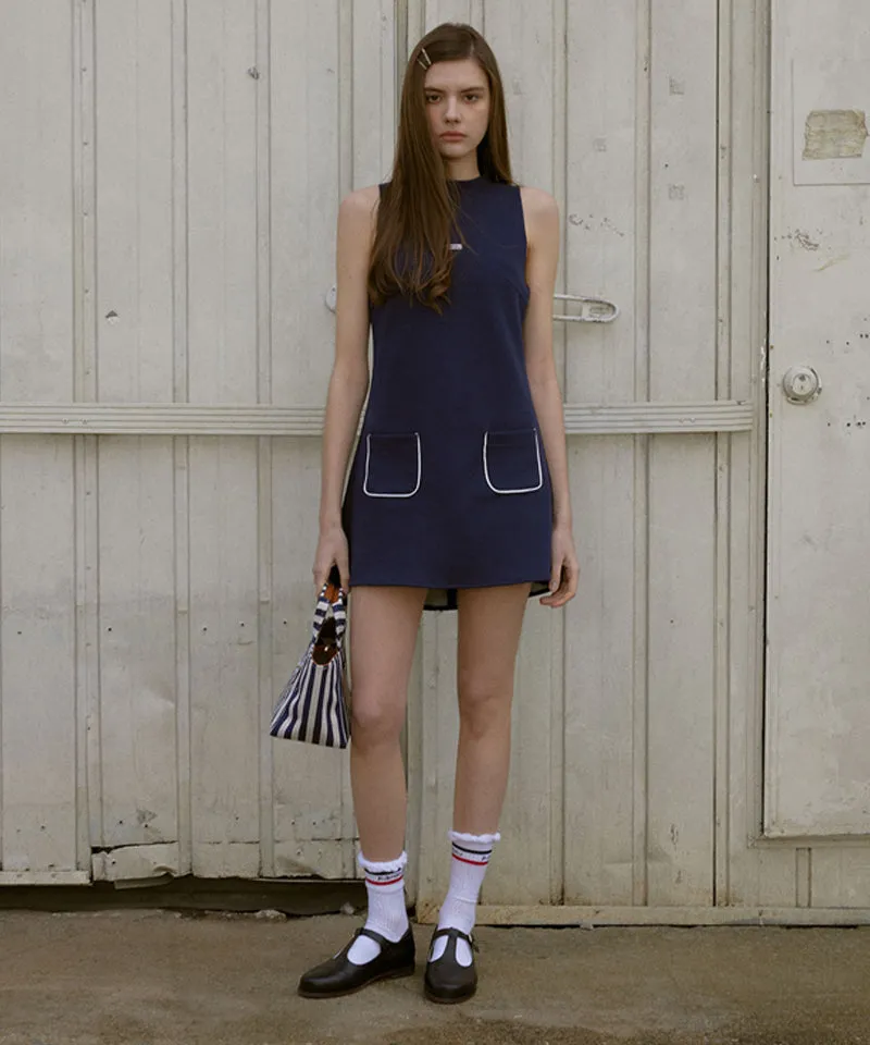 KANDINI Half-Neck Sleeveless Dress - Navy