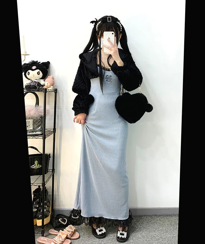 Lace Suspender Skirt   Plush Jacket Set UB99190