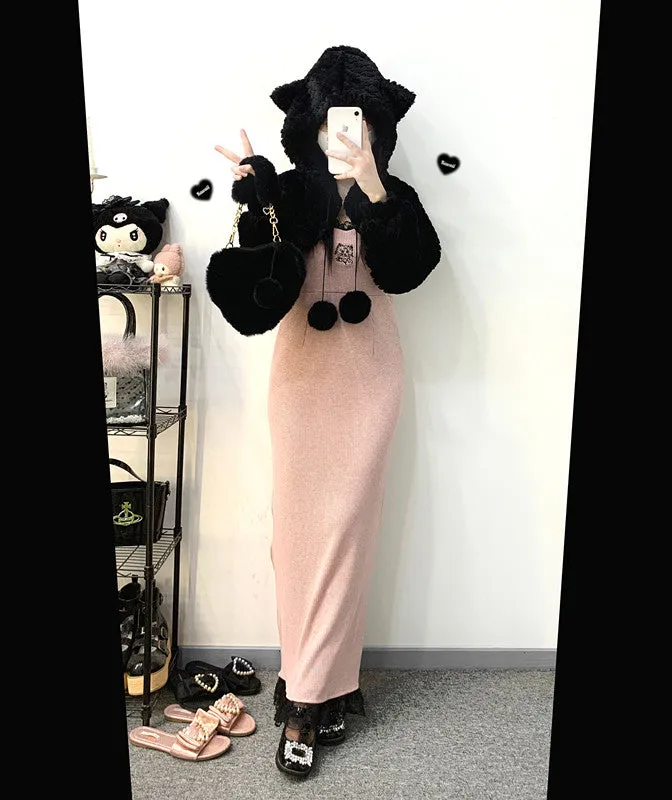Lace Suspender Skirt   Plush Jacket Set UB99190