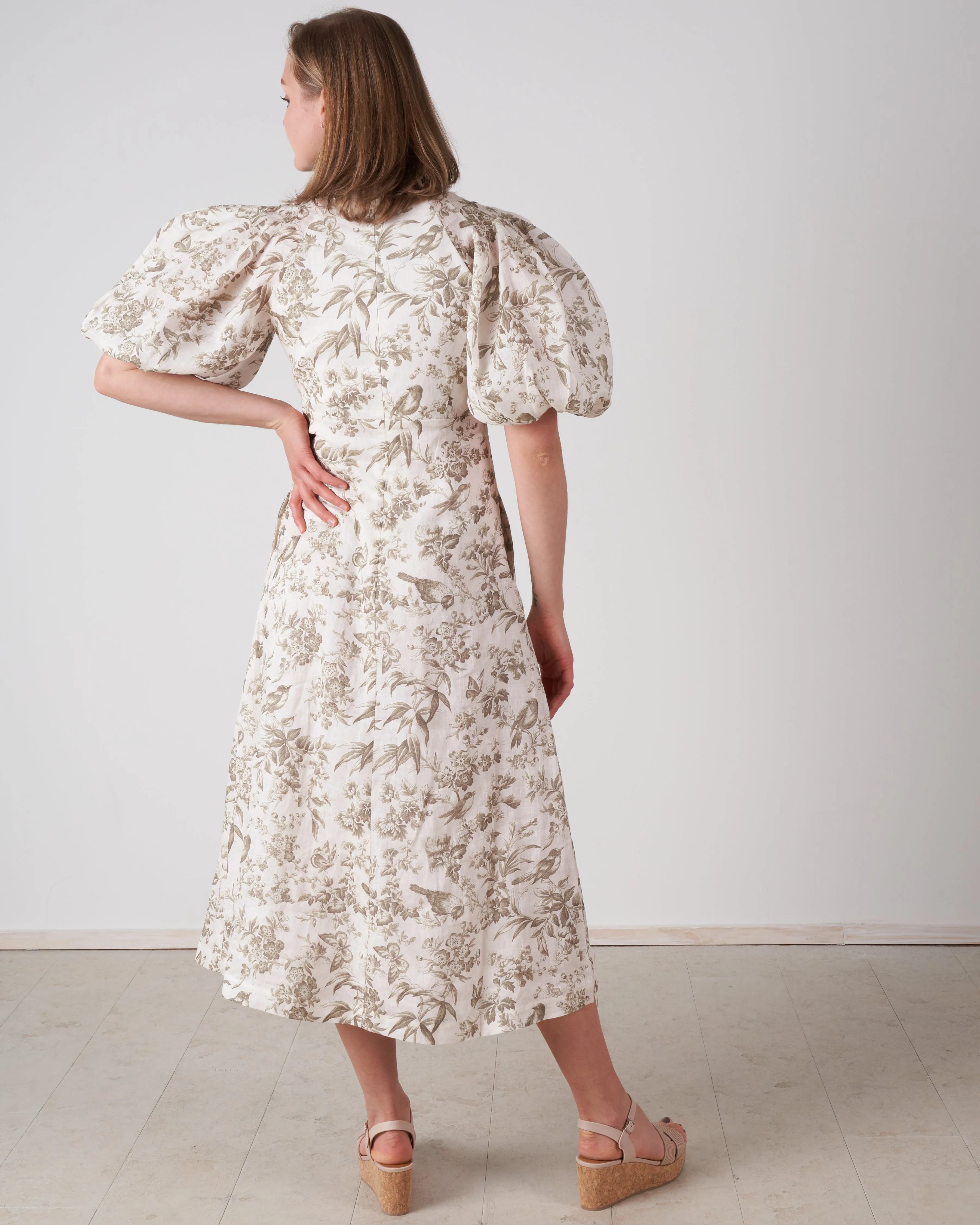 linen day midi dress - olive toile print