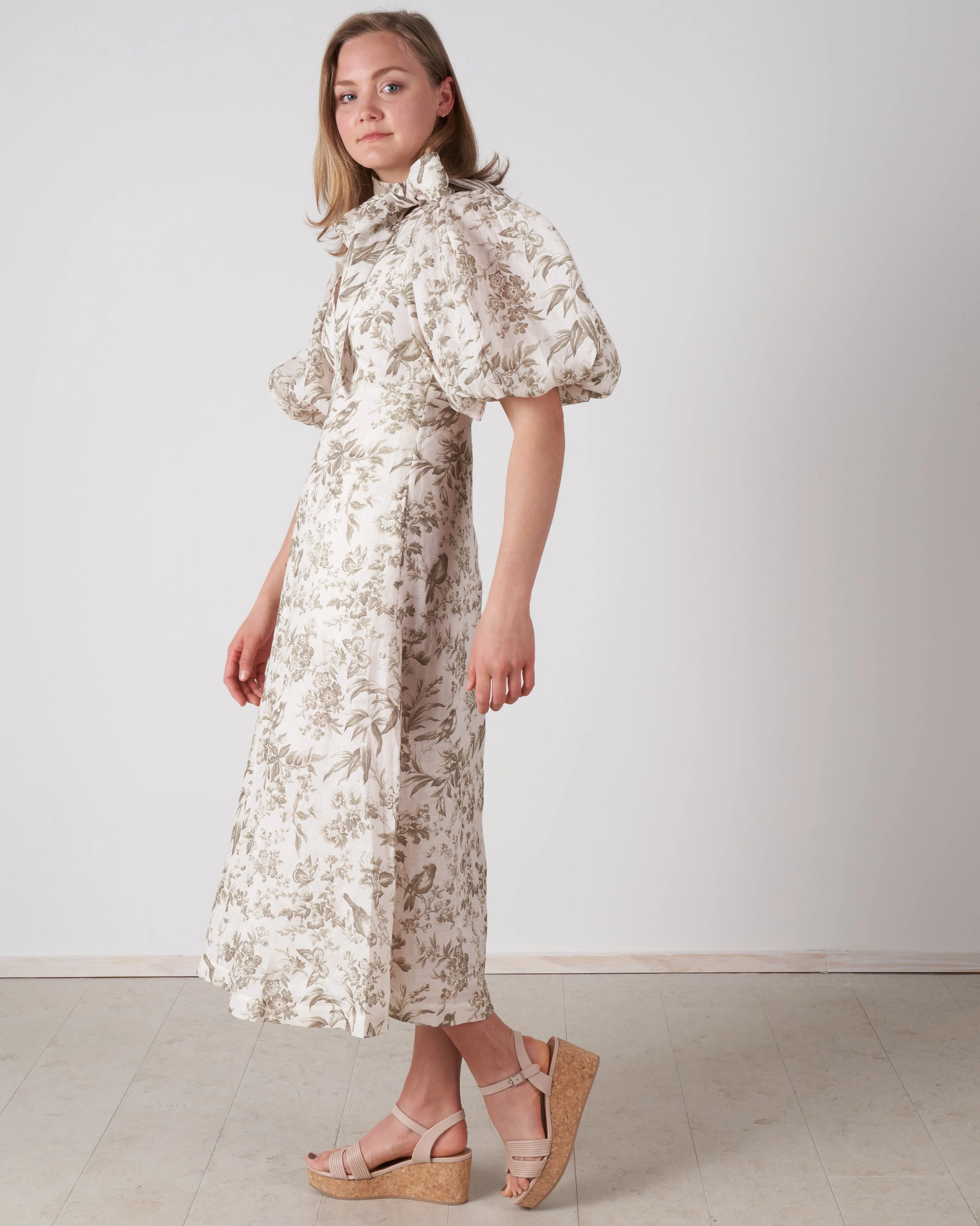 linen day midi dress - olive toile print