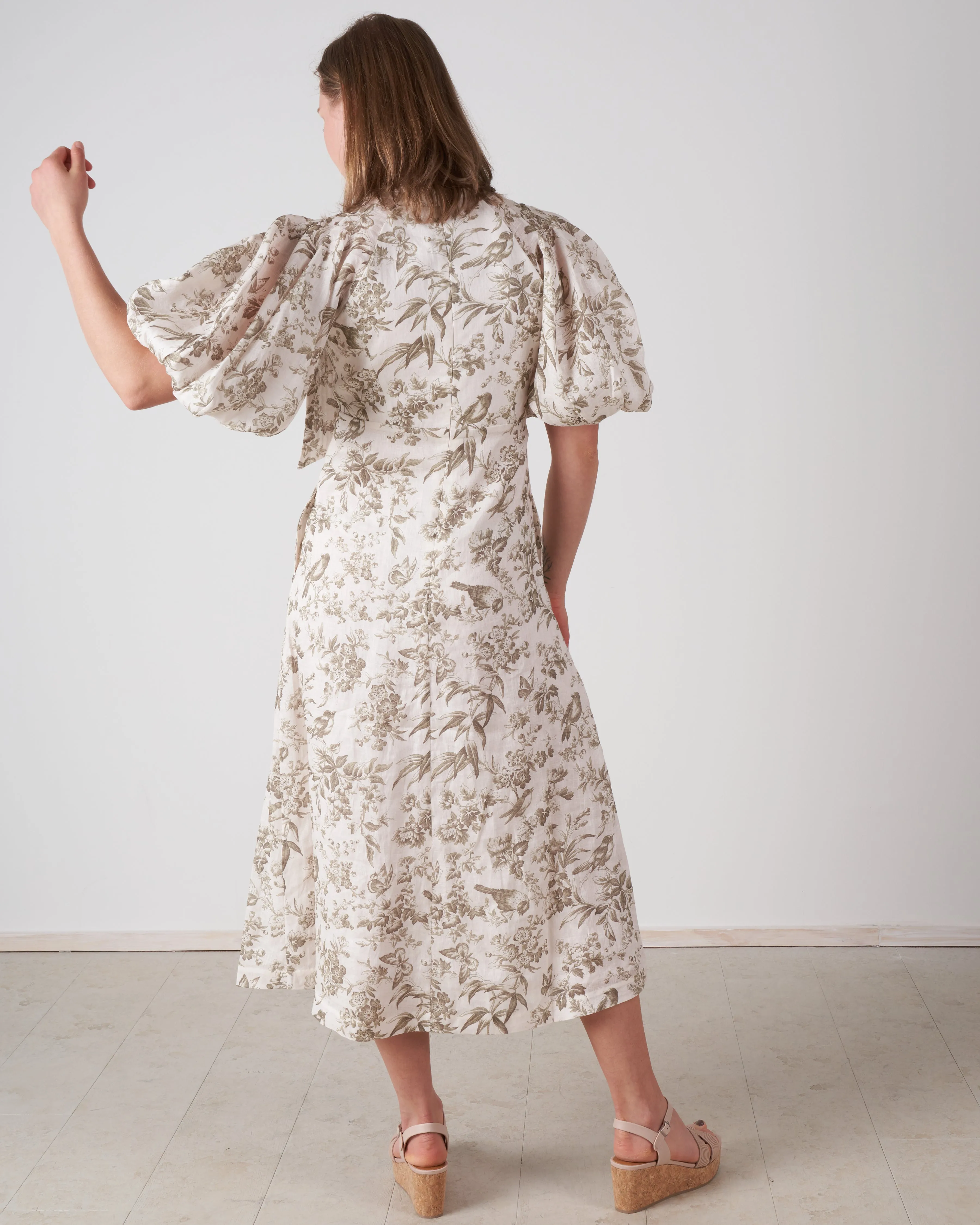 linen day midi dress - olive toile print