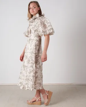 linen day midi dress - olive toile print