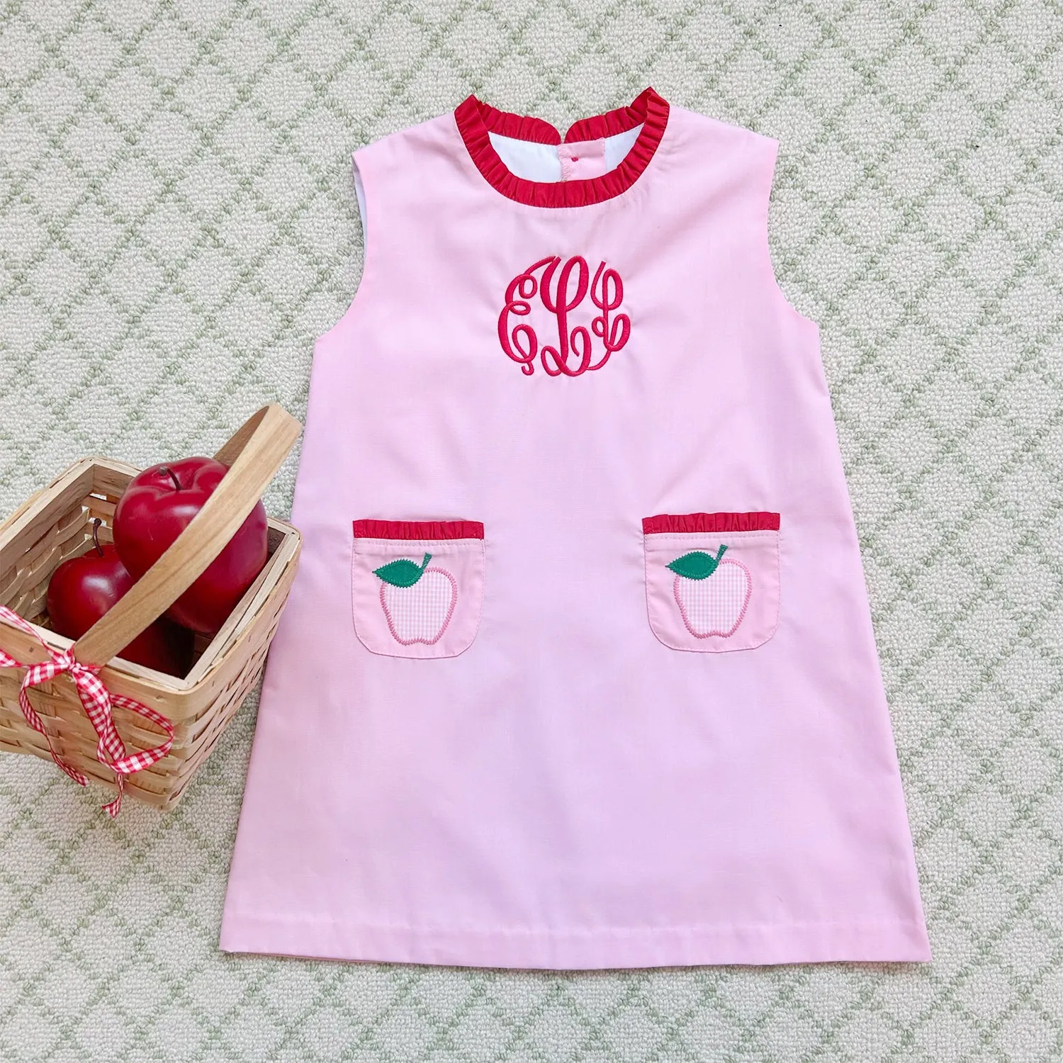 Lizzie's Luxe Leisure Dress - Pier Party Pink with Richmond Red & Pier Party Pink Mini Gingham Apple Applique