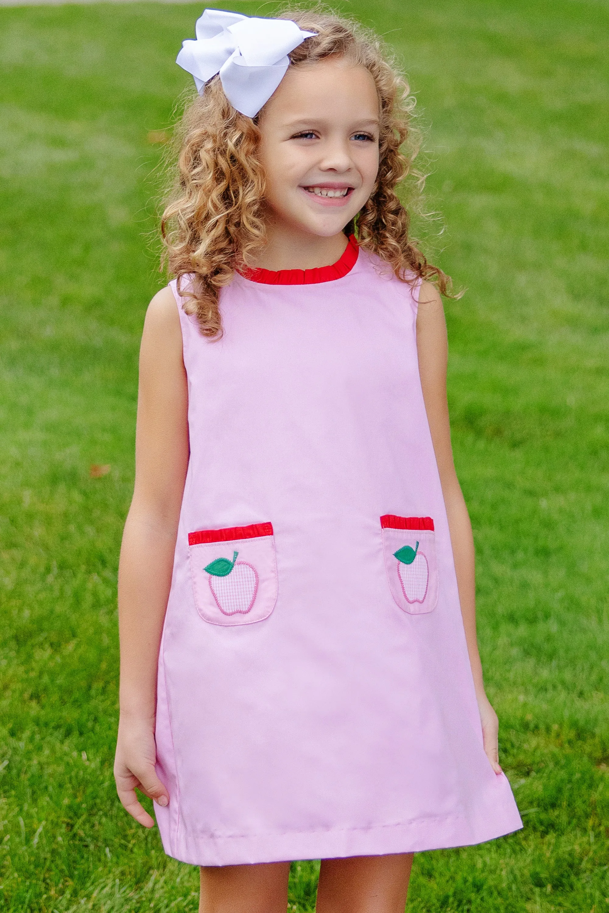 Lizzie's Luxe Leisure Dress - Pier Party Pink with Richmond Red & Pier Party Pink Mini Gingham Apple Applique