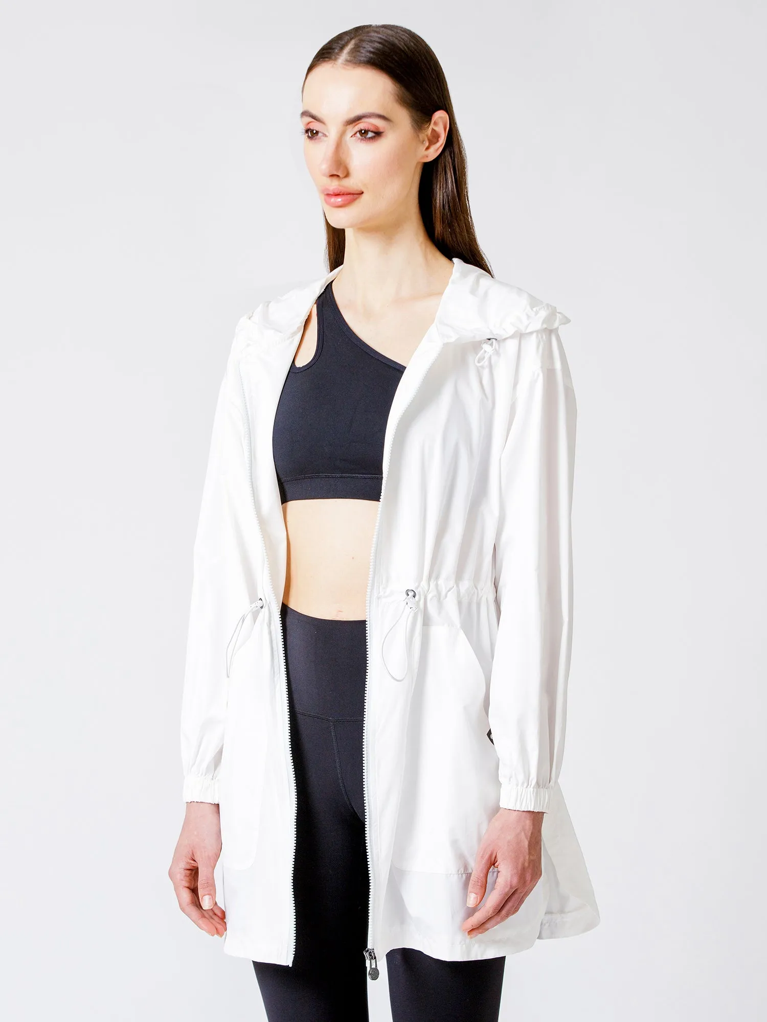 LONG HOODED ZIP UP WINDBREAKER, WHITE