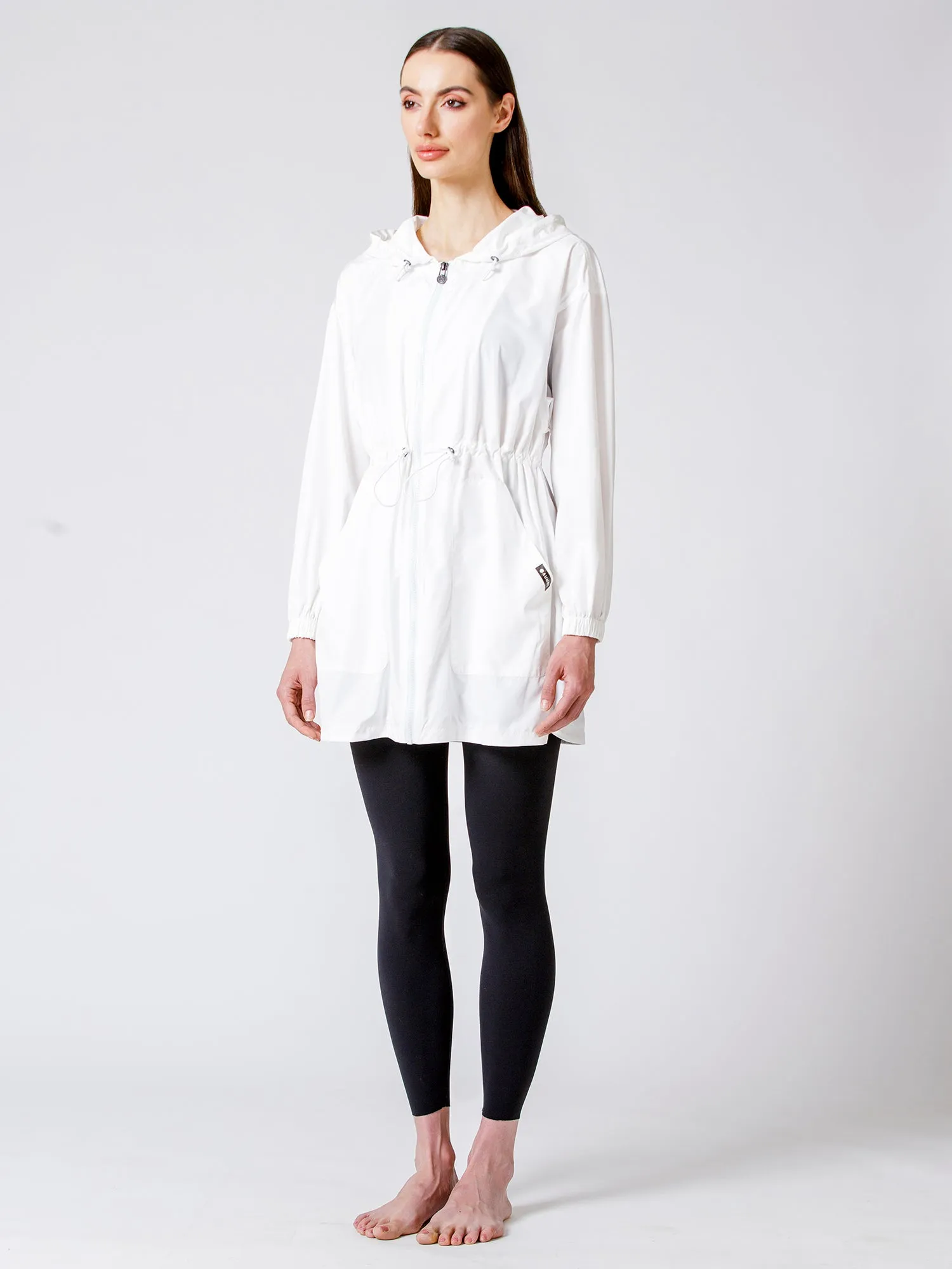 LONG HOODED ZIP UP WINDBREAKER, WHITE