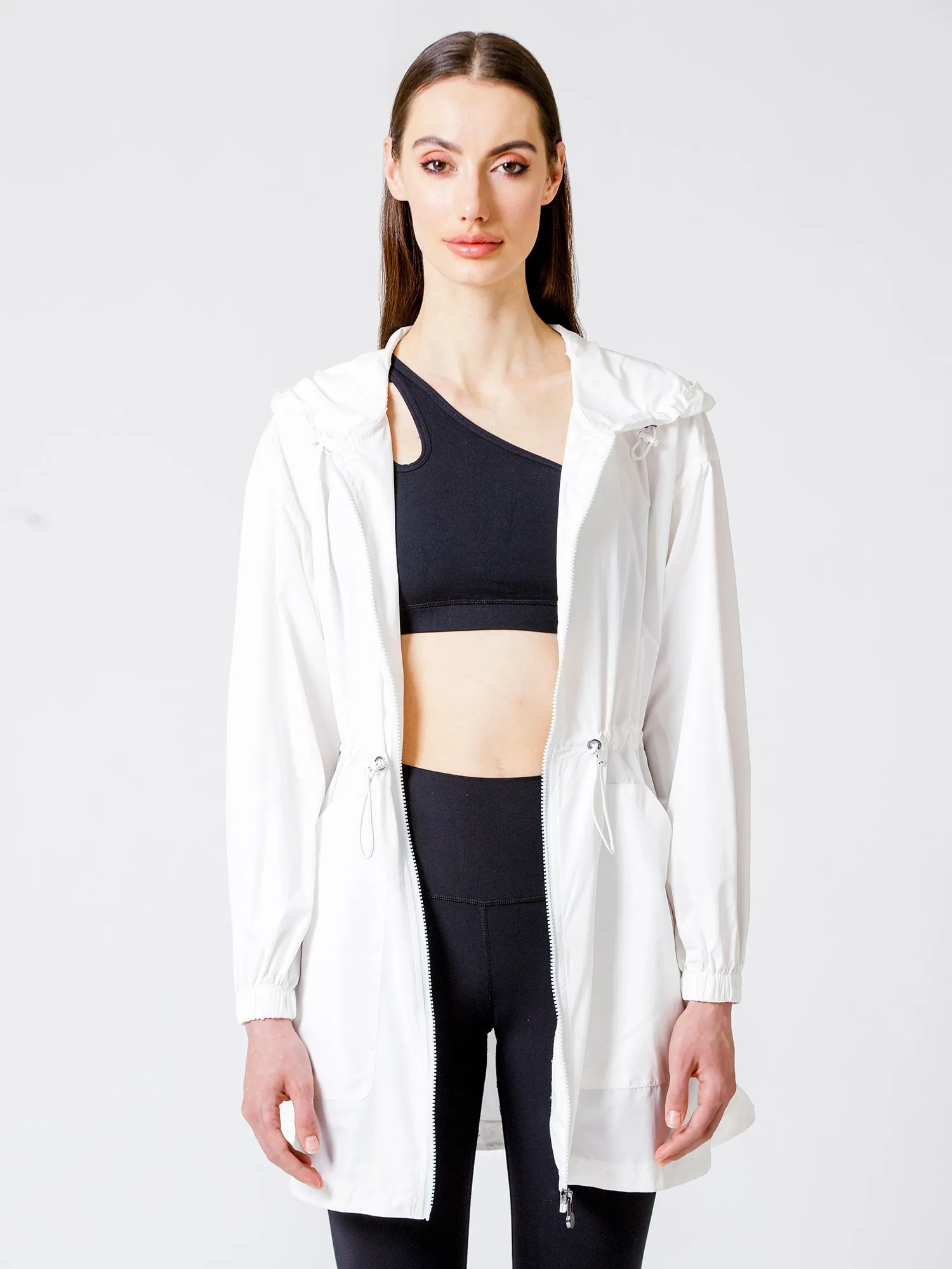 LONG HOODED ZIP UP WINDBREAKER, WHITE