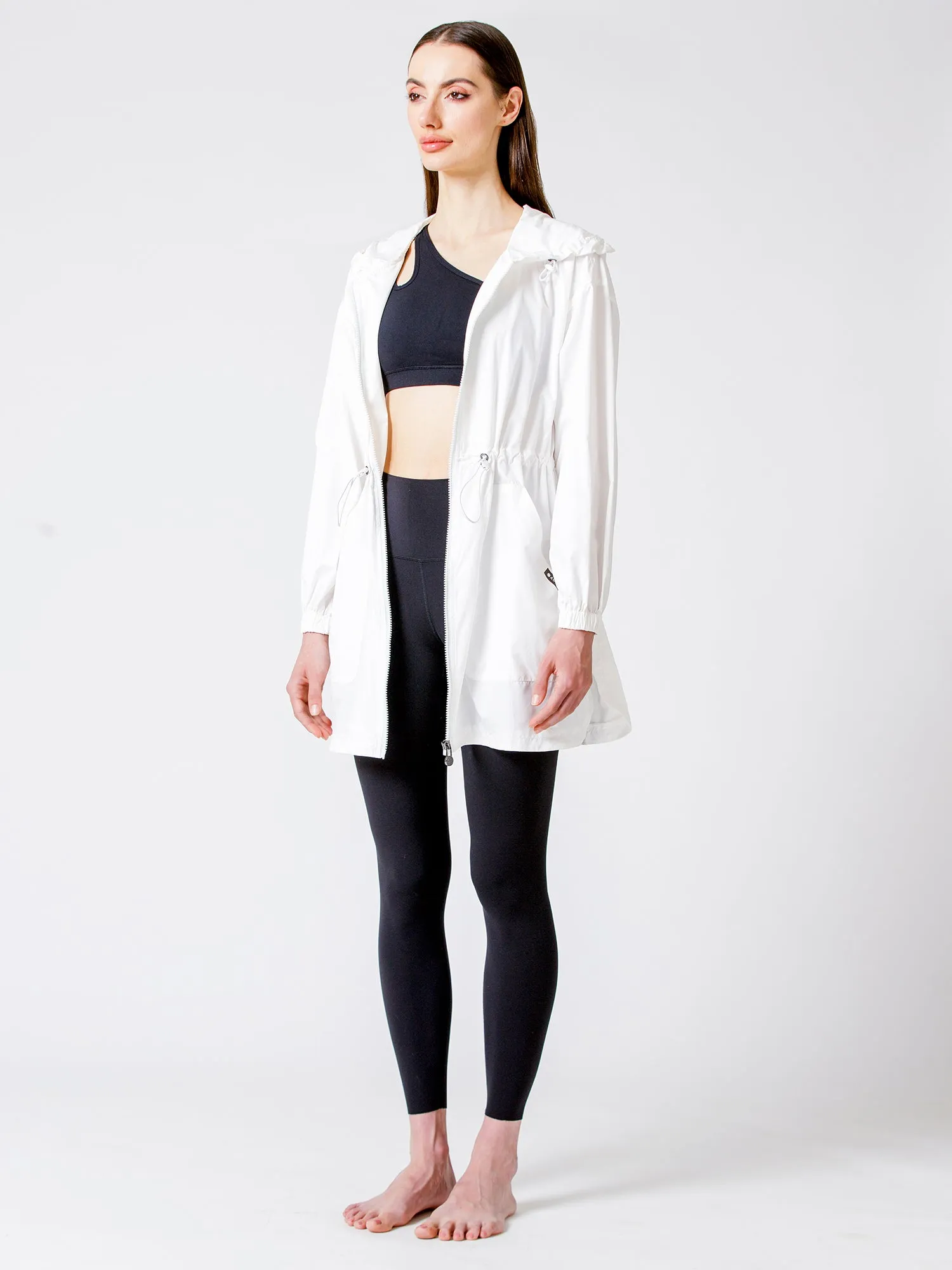 LONG HOODED ZIP UP WINDBREAKER, WHITE