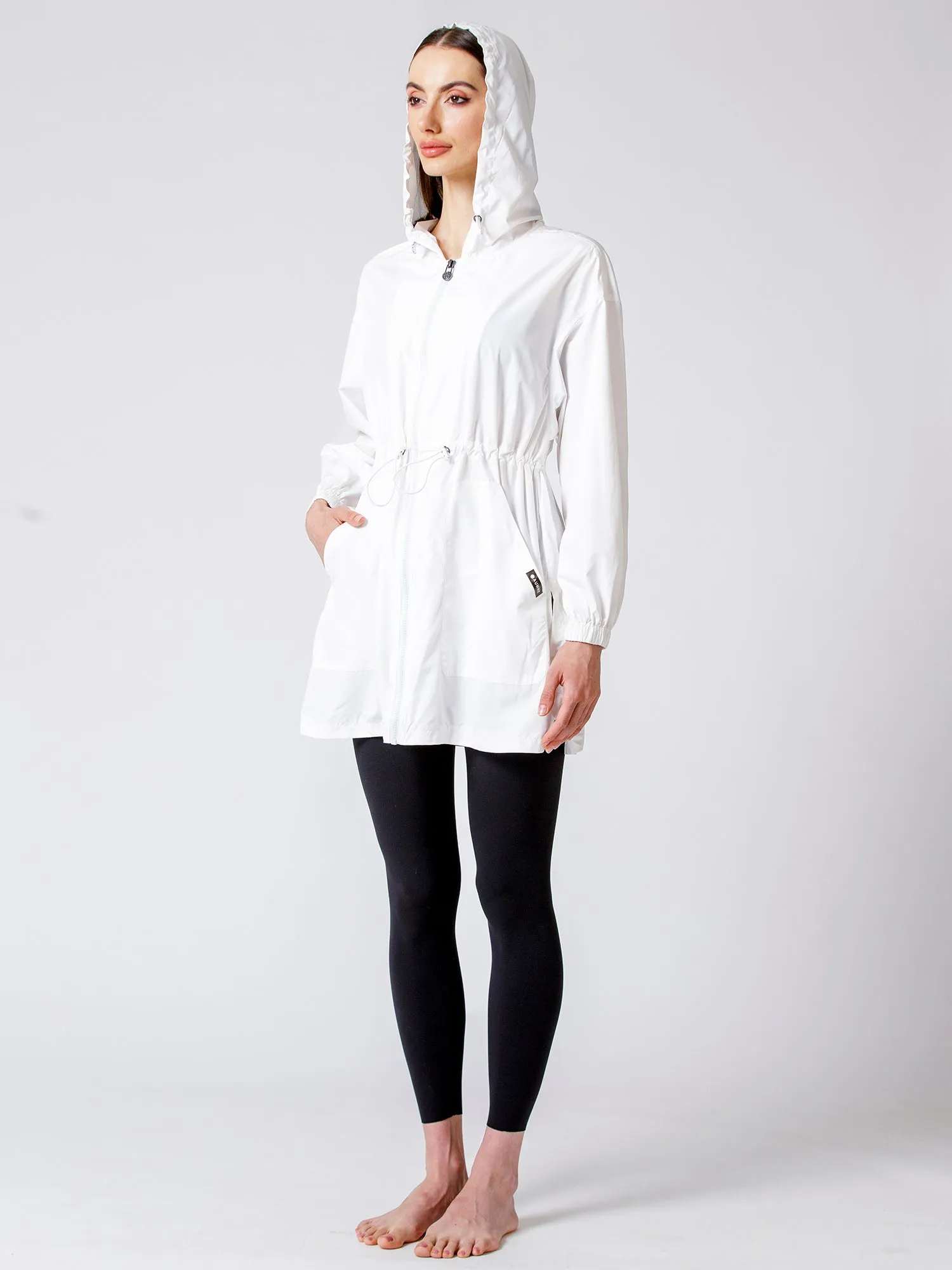 LONG HOODED ZIP UP WINDBREAKER, WHITE