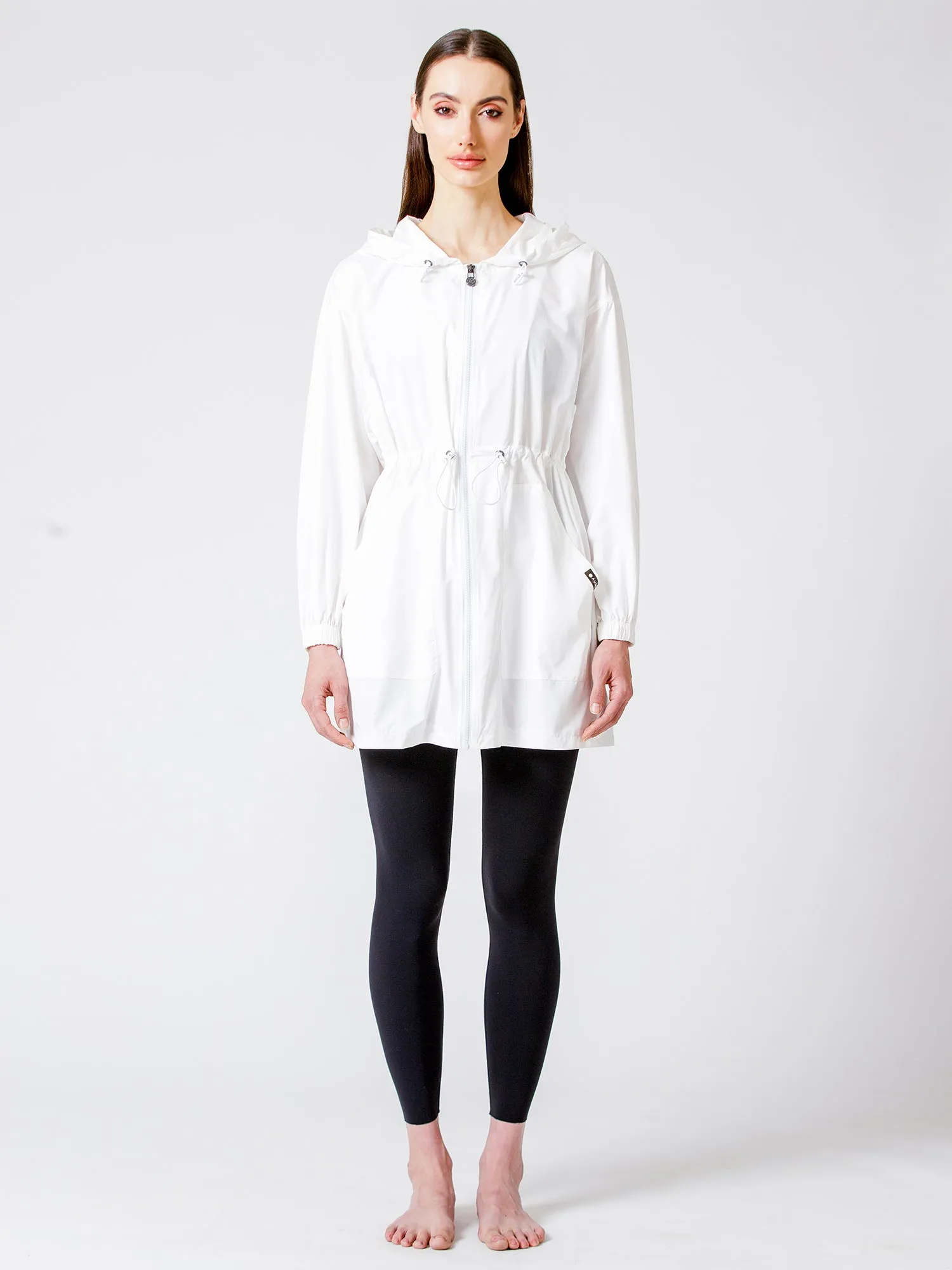 LONG HOODED ZIP UP WINDBREAKER, WHITE
