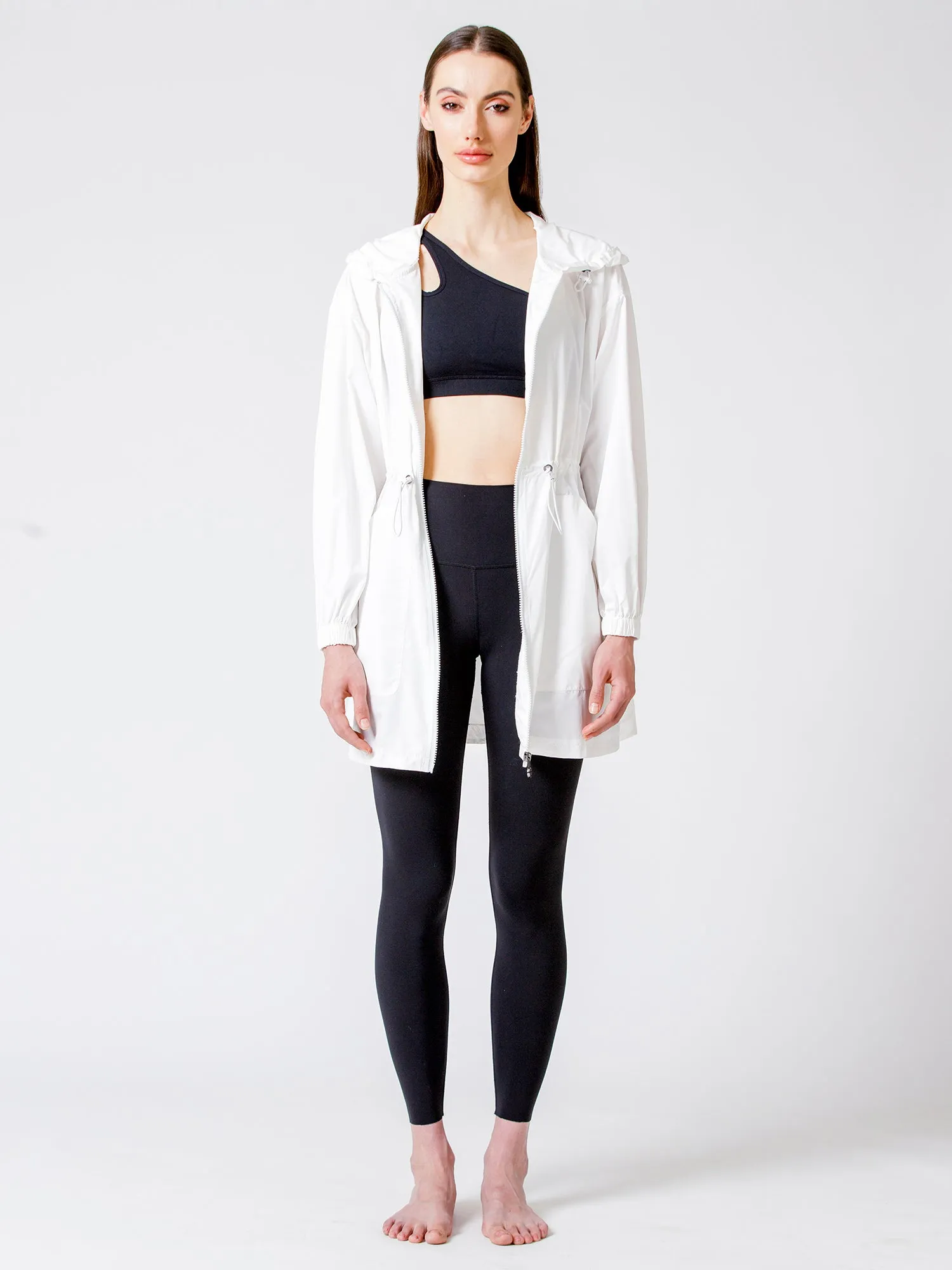 LONG HOODED ZIP UP WINDBREAKER, WHITE